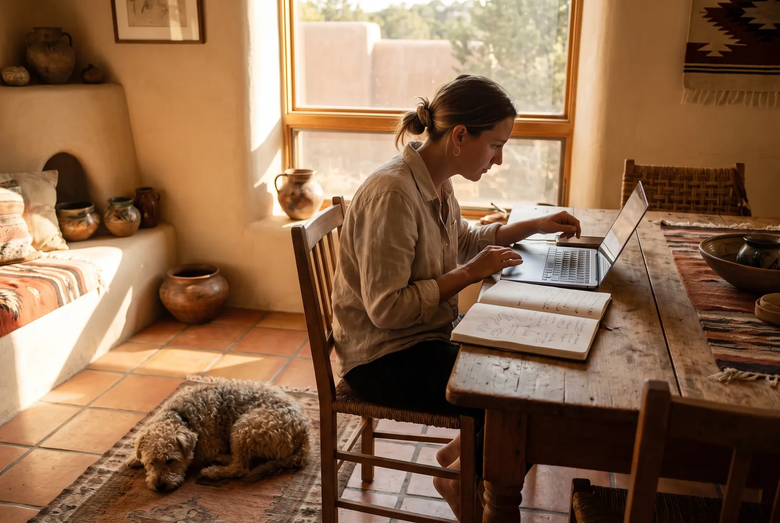 Comparing local prices Owner comparing dog care prices on a laptop and notebook at an Albuquerque kitchen table
