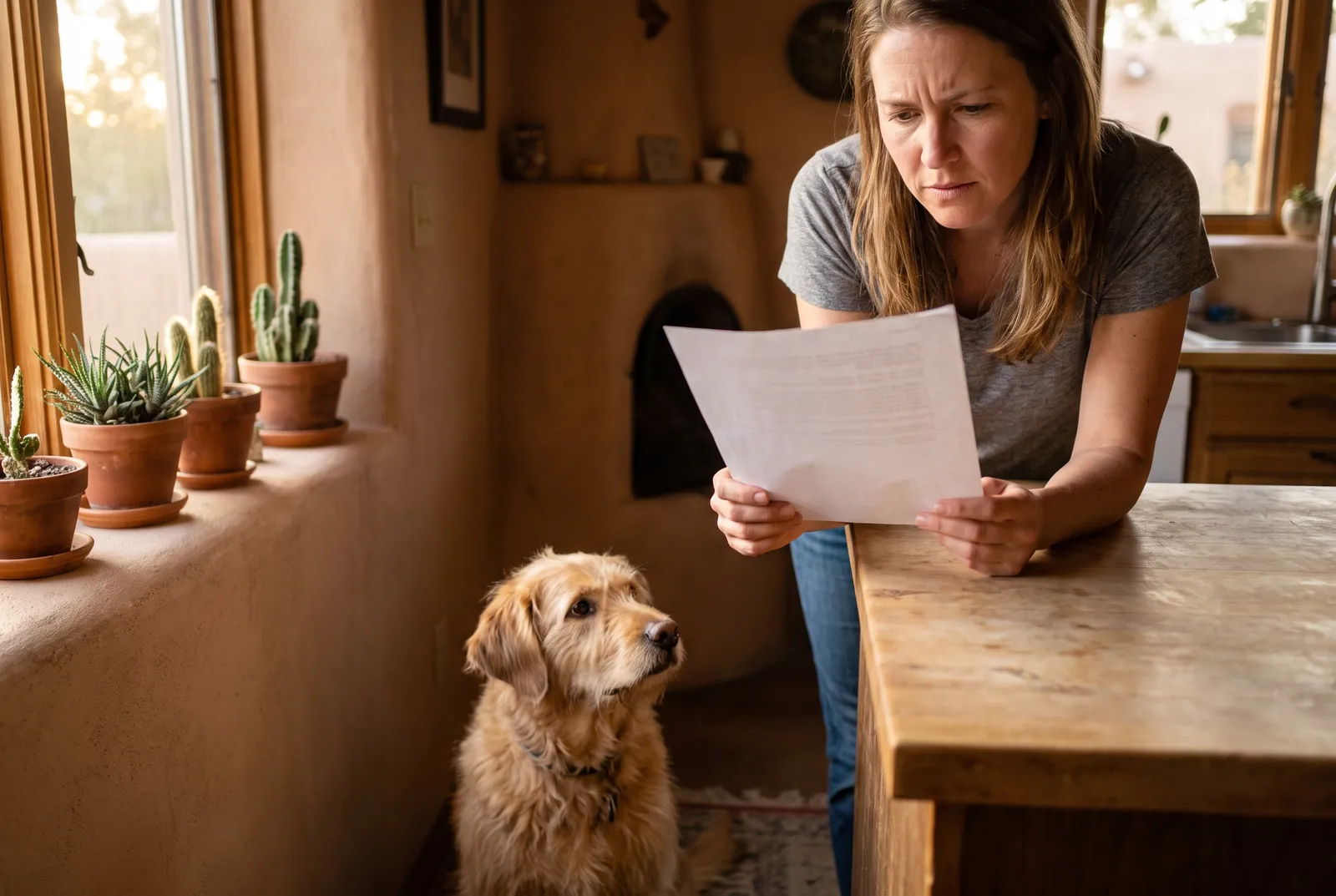 Reading the Dog's Care Instructions Sitter reading written care instructions in kitchen while dog waits nearby