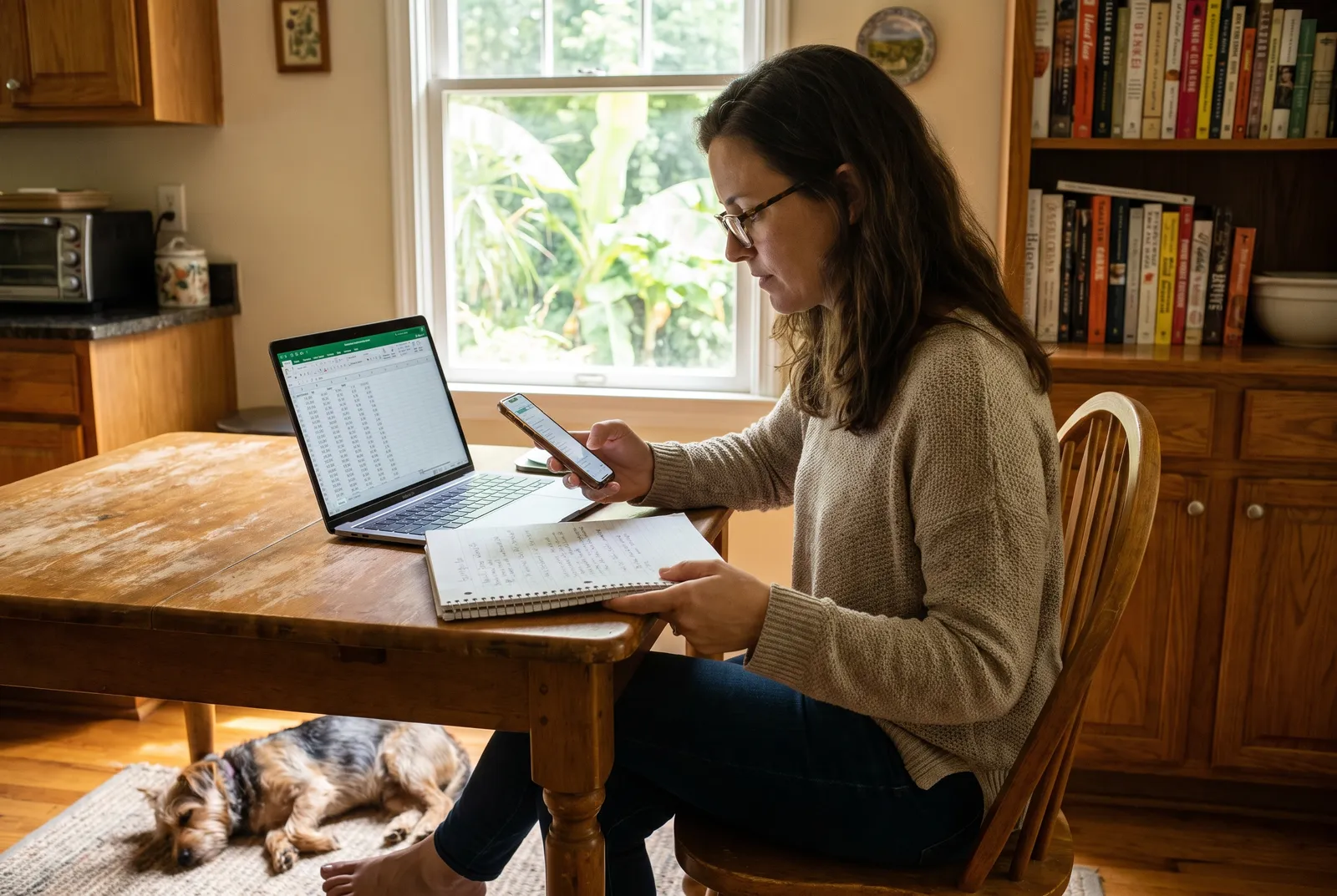 Woman comparing dog care prices on phone and notebook at her Atlanta kitchen table