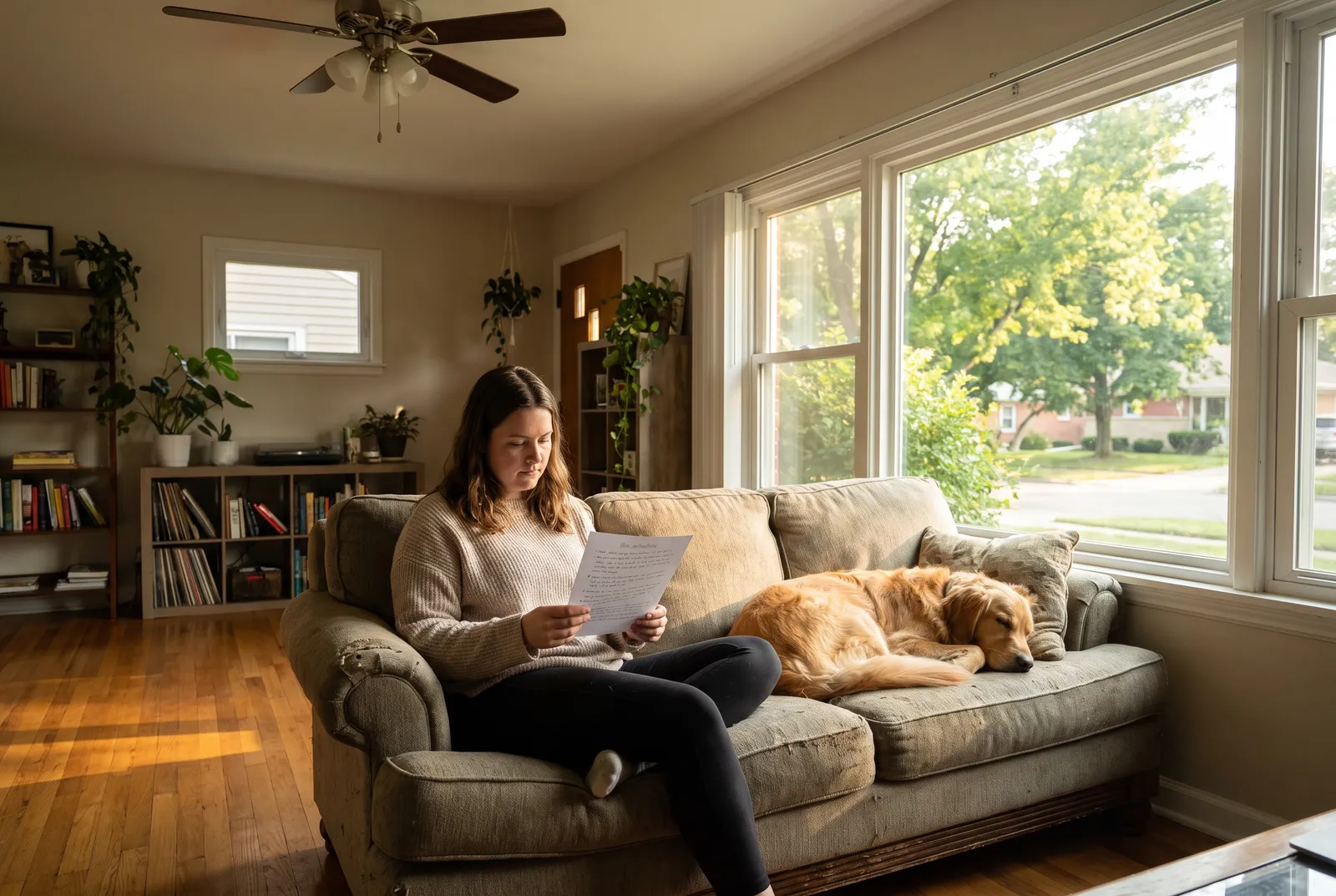 Sitter reading written care instructions on a couch with a dog resting beside them