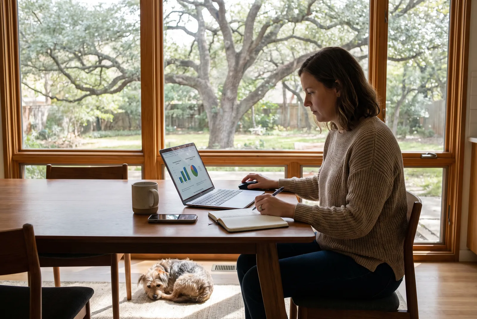 Owner comparing dog care prices on a laptop and notebook at an Austin kitchen table