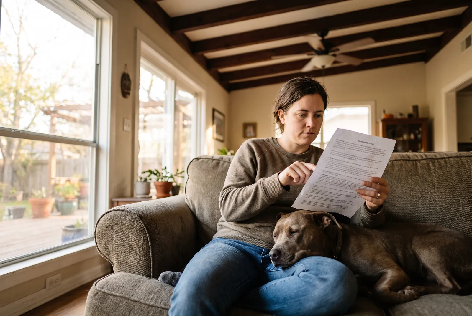 Sitter reading written care instructions on a couch while a dog rests beside them