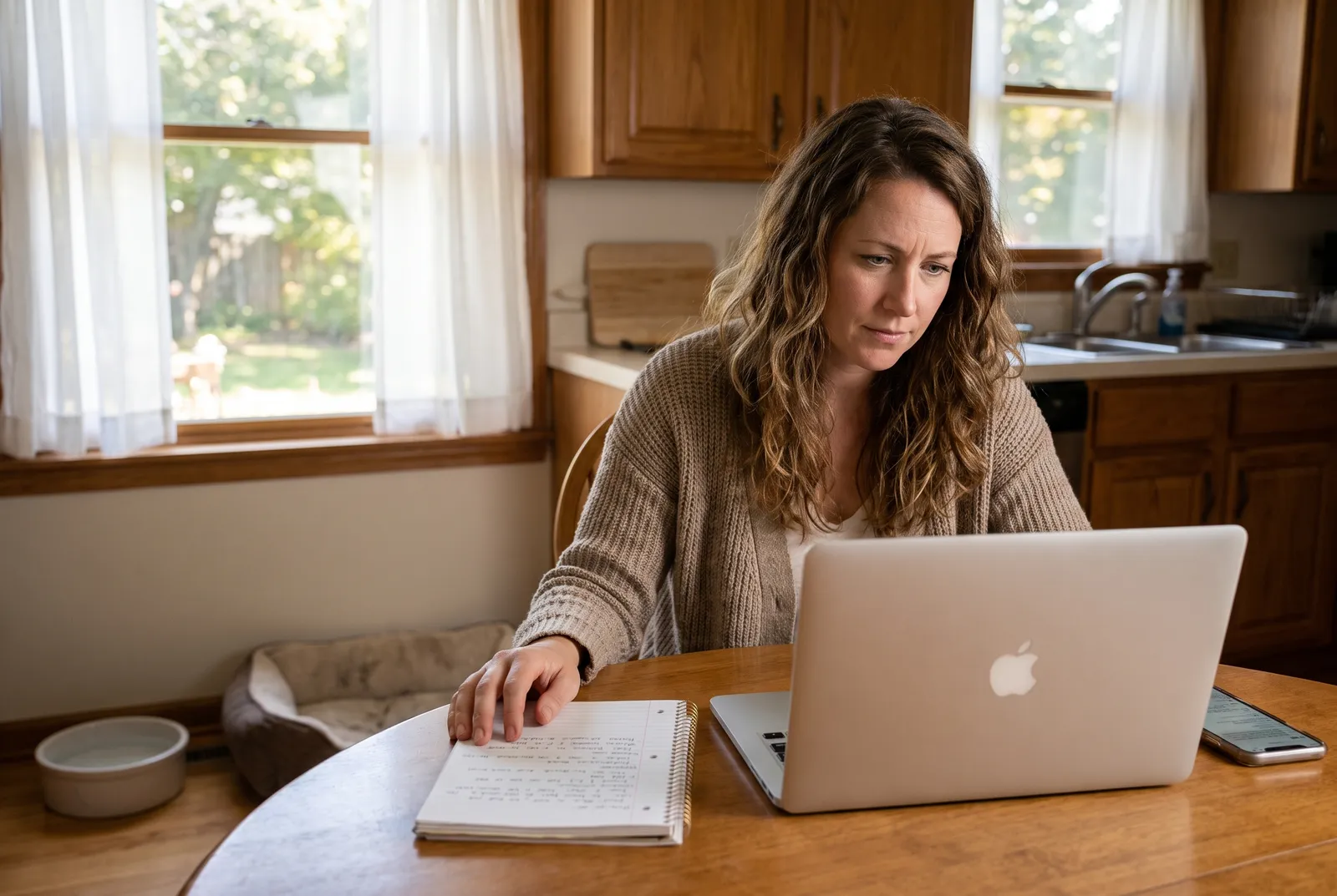 Woman at a kitchen table comparing dog care prices on a laptop and notebook