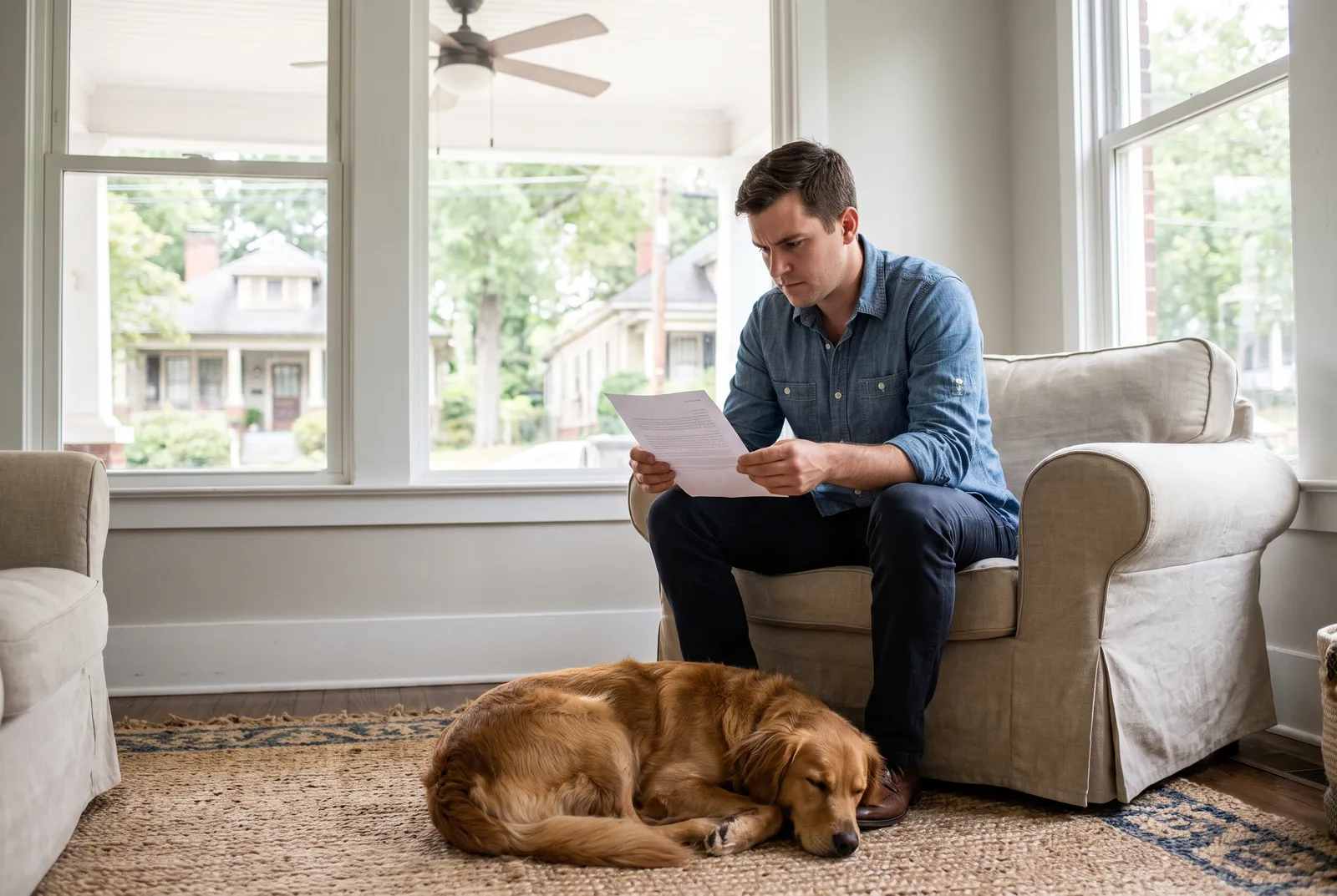 Sitter reading printed care instructions on a sofa while a dog rests nearby