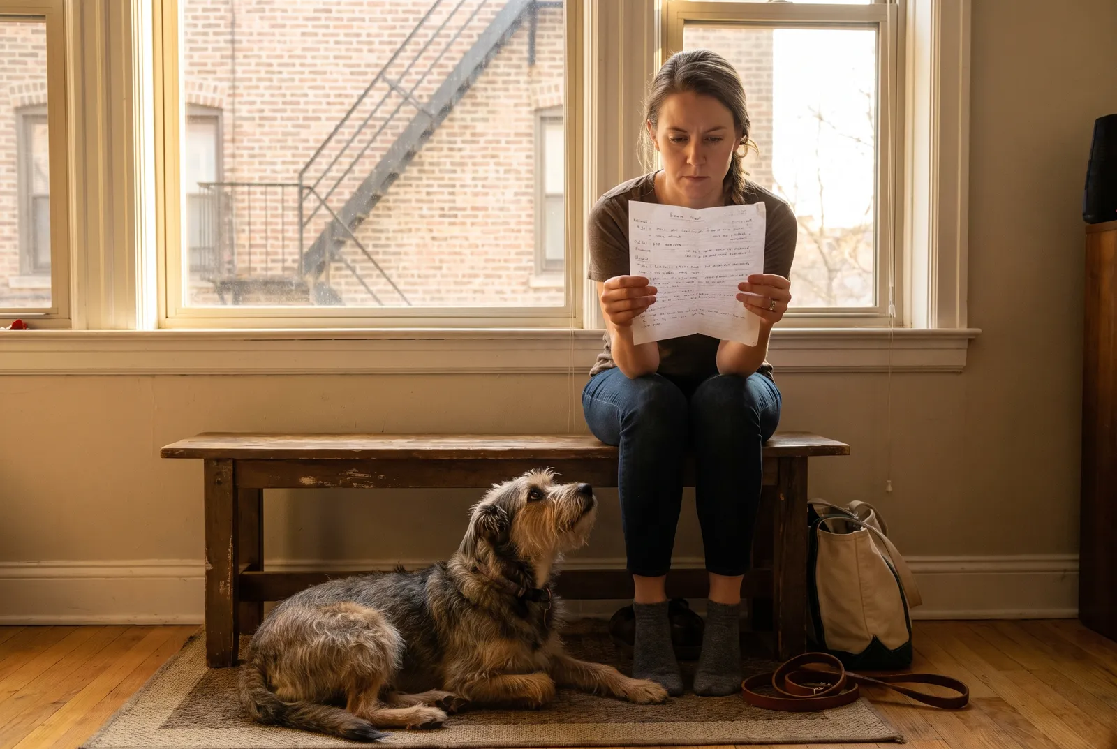 Sitter reading written care instructions with a dog resting beside them