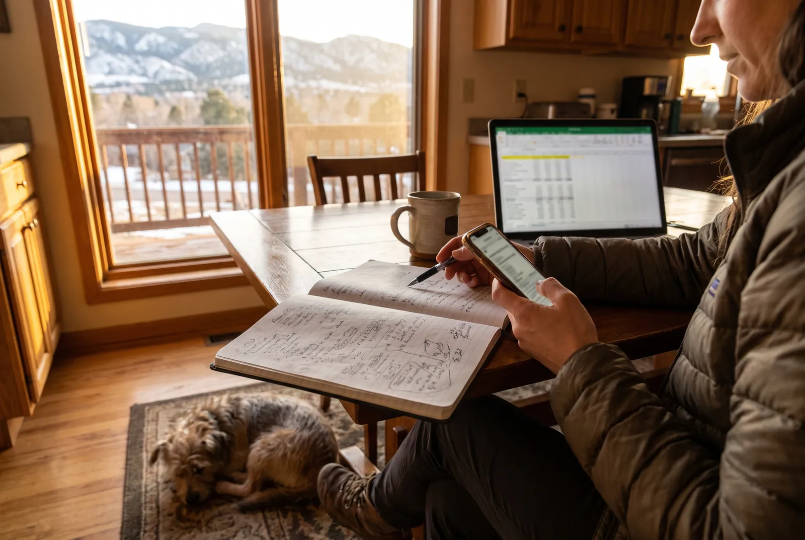 Owner comparing dog care prices on phone and notebook at home with dog nearby