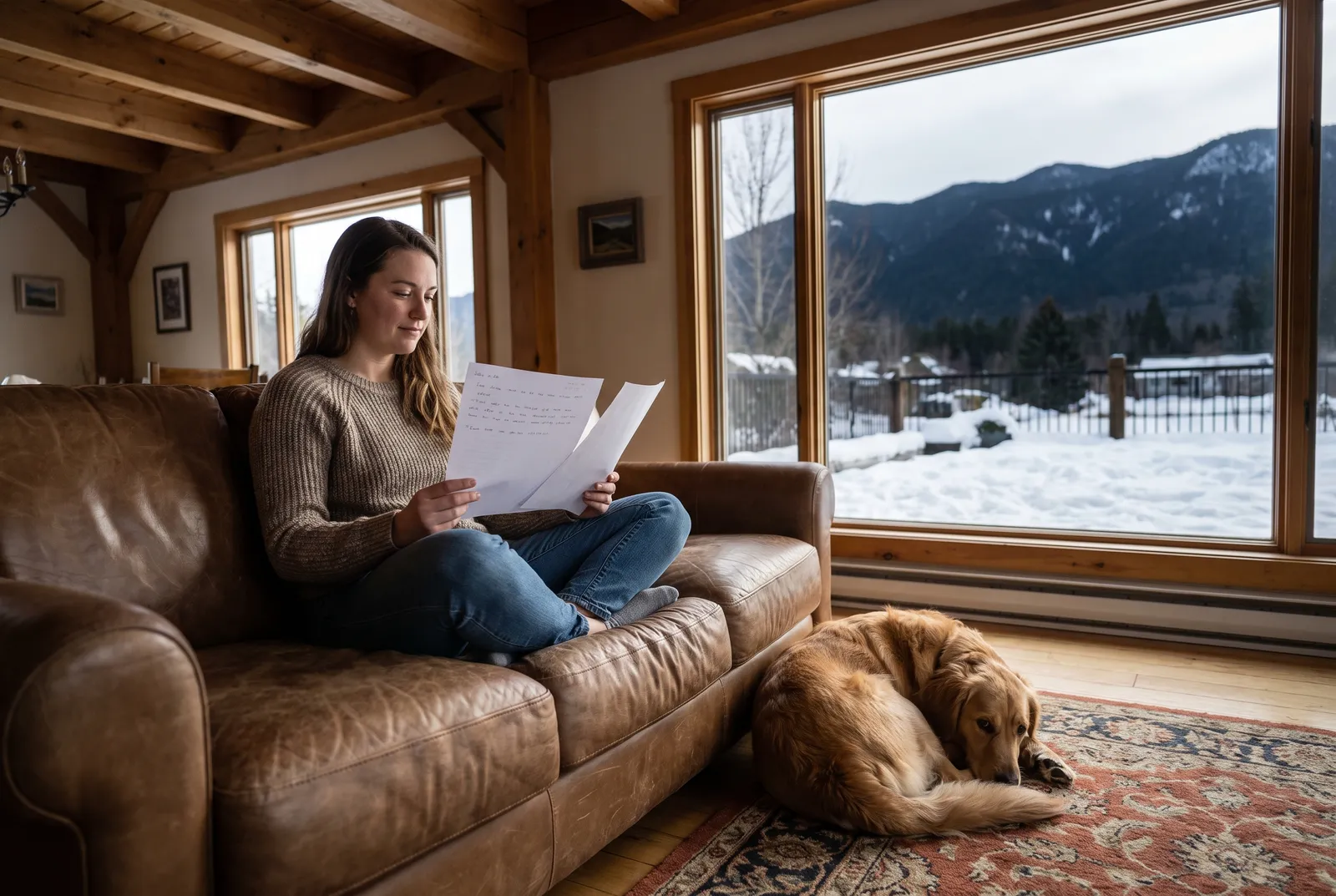 Sitter reading written dog care instructions on a couch with the dog resting nearby