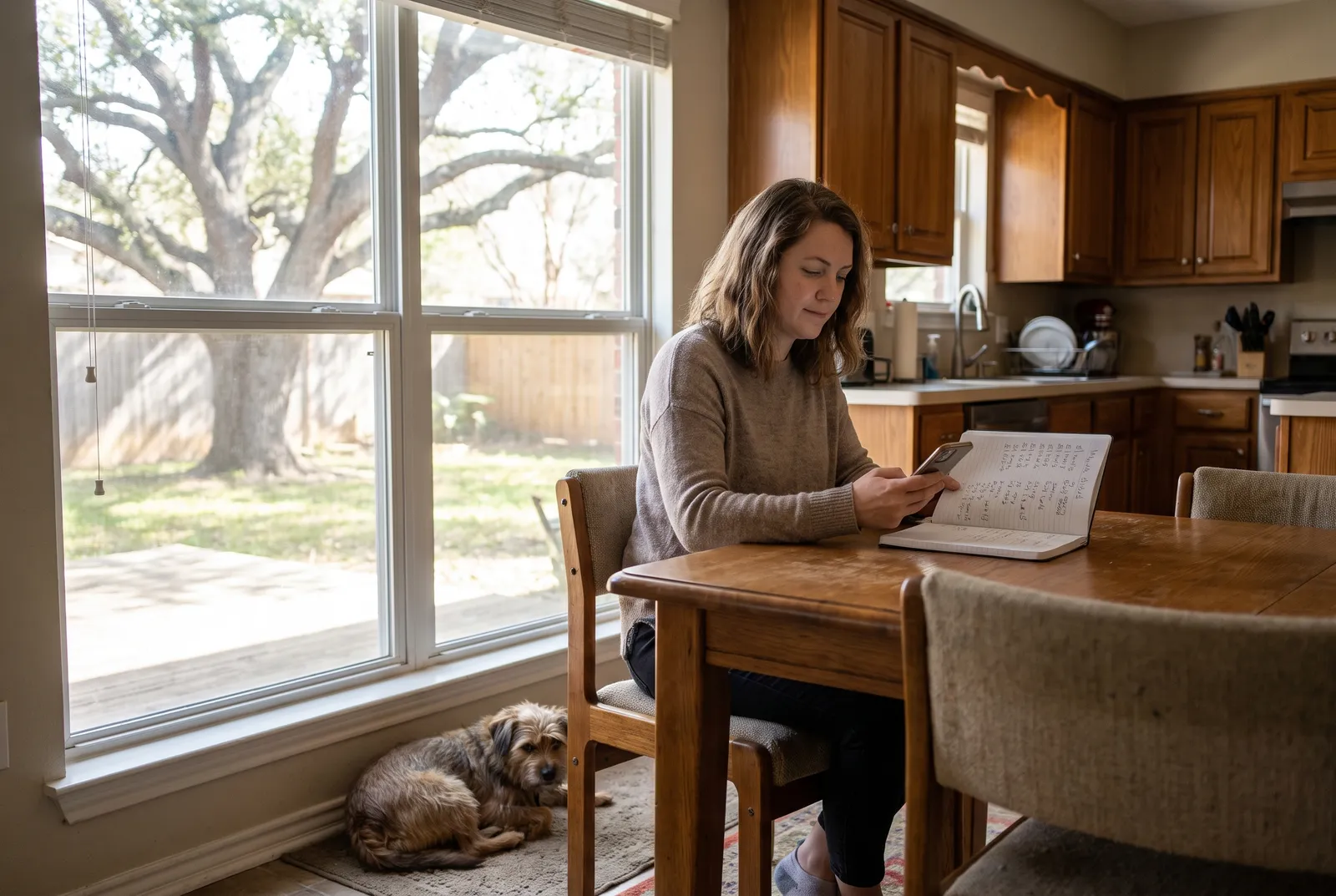 Woman comparing pet sitter prices on phone and notebook at Dallas kitchen table