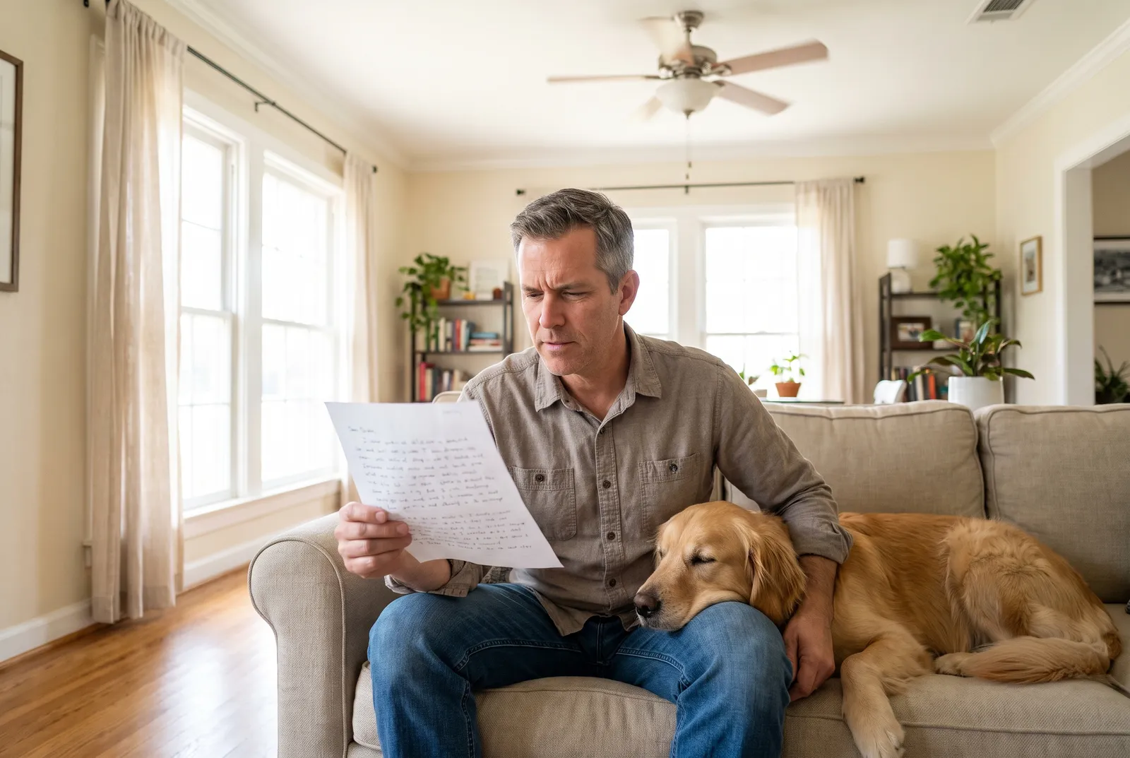 Sitter reading written care instructions beside a golden retriever in Dallas living room