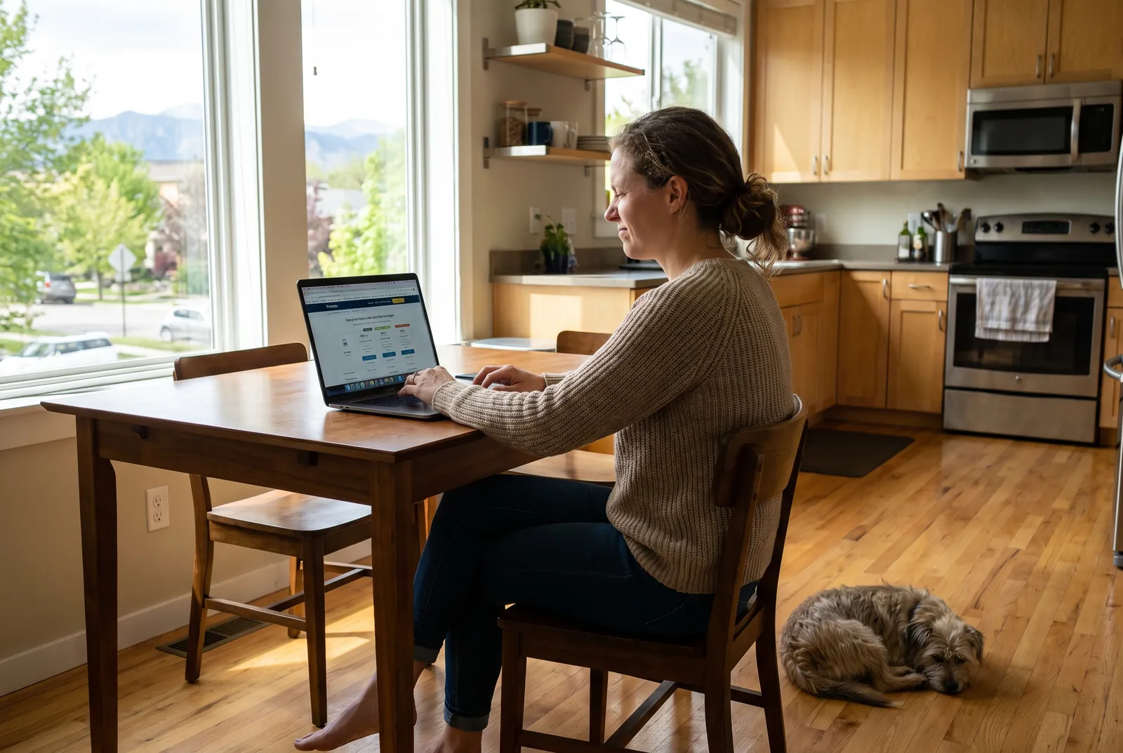 Woman comparing pet sitting prices on a laptop at home with her dog nearby