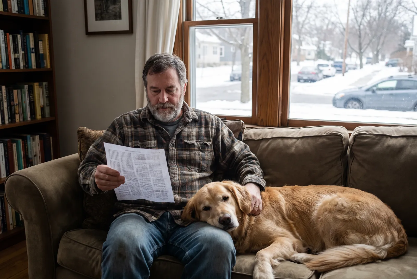 Sitter reading written care instructions on a couch with a dog resting beside him