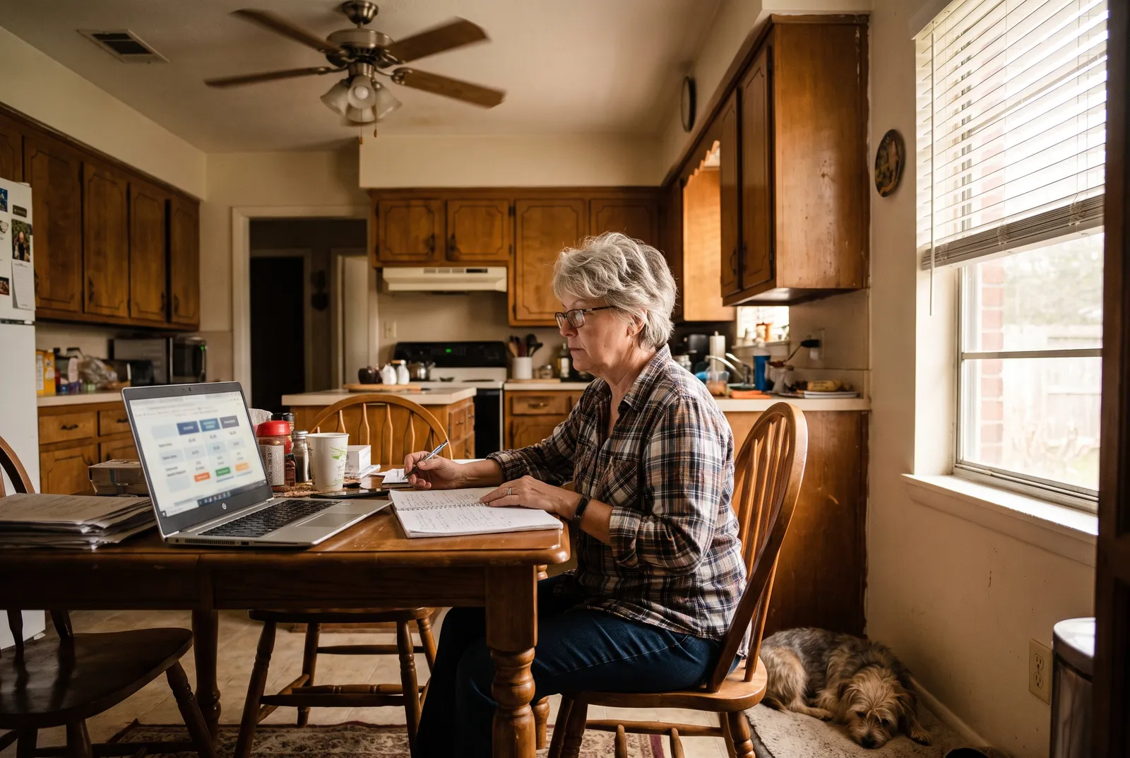 Houston owner comparing pet sitting prices on laptop with dog nearby