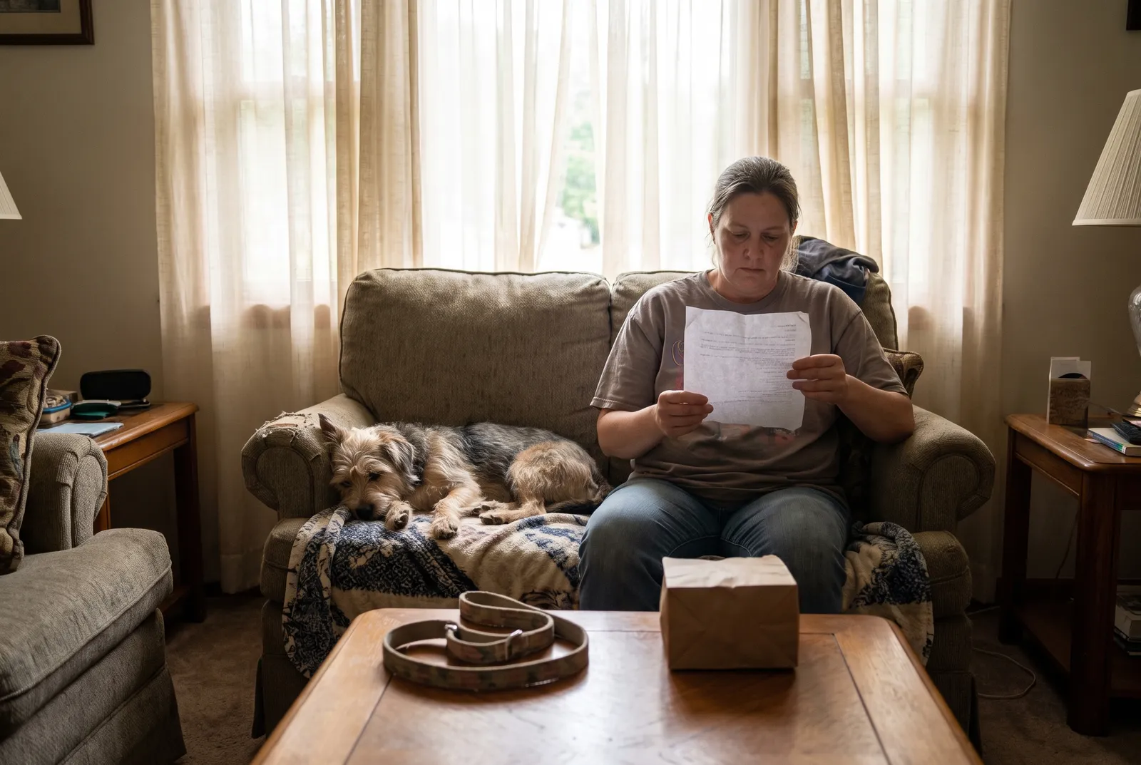 Sitter reading written care instructions beside calm dog on couch