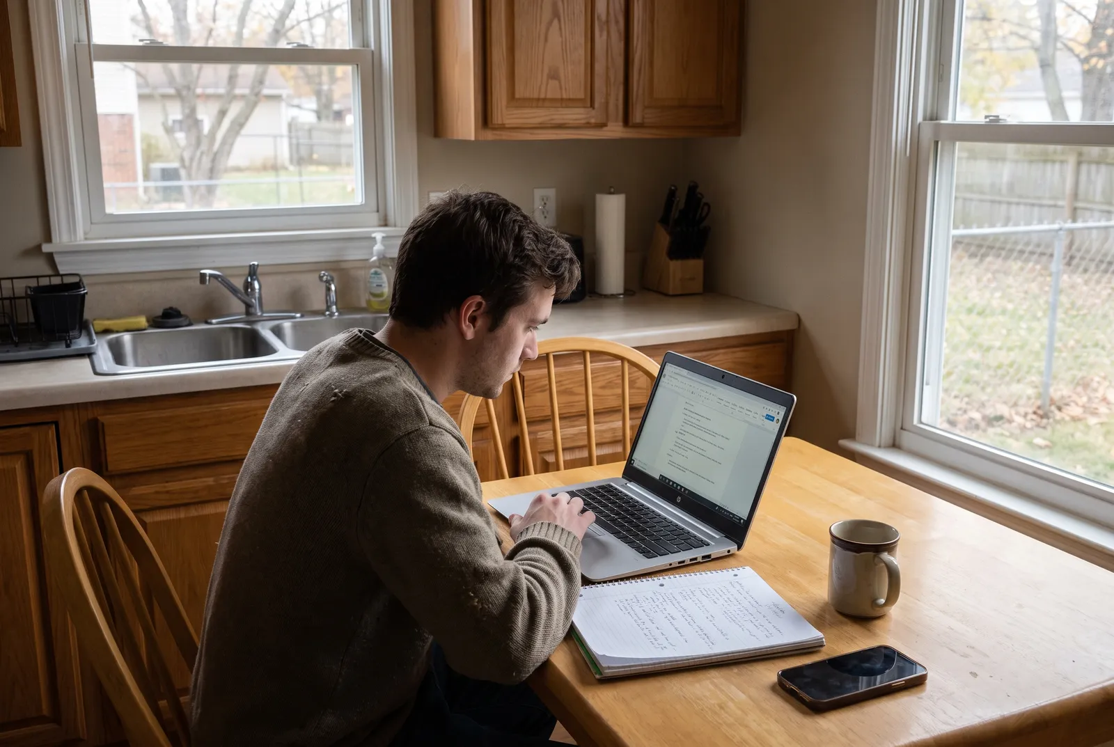 Owner comparing dog care prices on laptop and notebook in Indianapolis kitchen