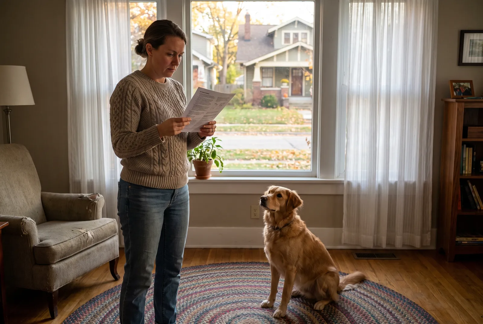 Sitter reading written care instructions with dog nearby in Indianapolis living room