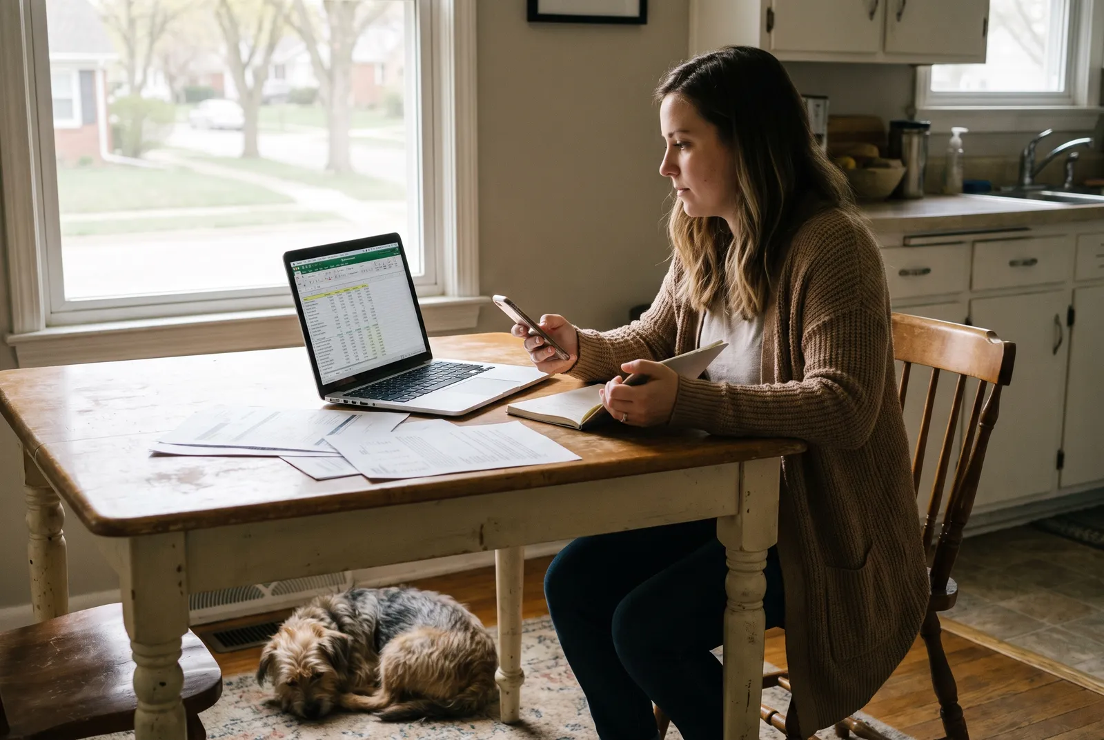 Woman comparing dog care prices on phone and laptop in Knoxville kitchen