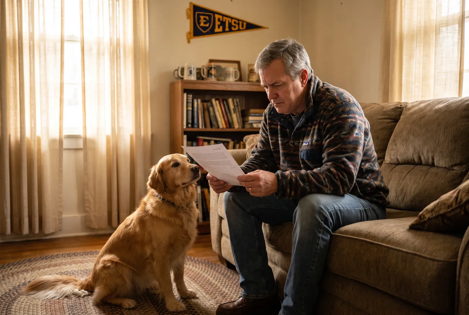 Sitter reading written care instructions beside a golden retriever in Knoxville living room