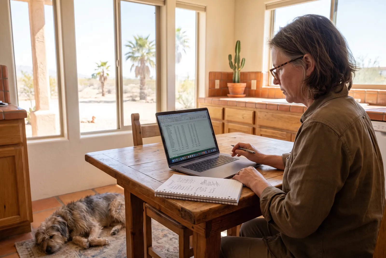 Owner comparing dog boarding prices on laptop and notebook in Las Vegas kitchen