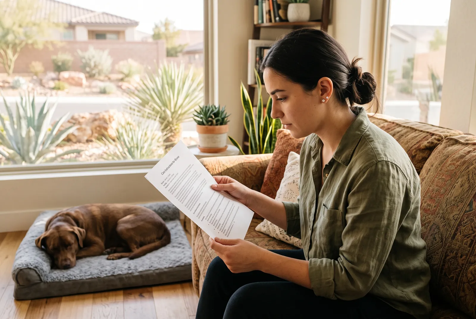 Sitter reading printed care instructions while dog rests nearby in Las Vegas home