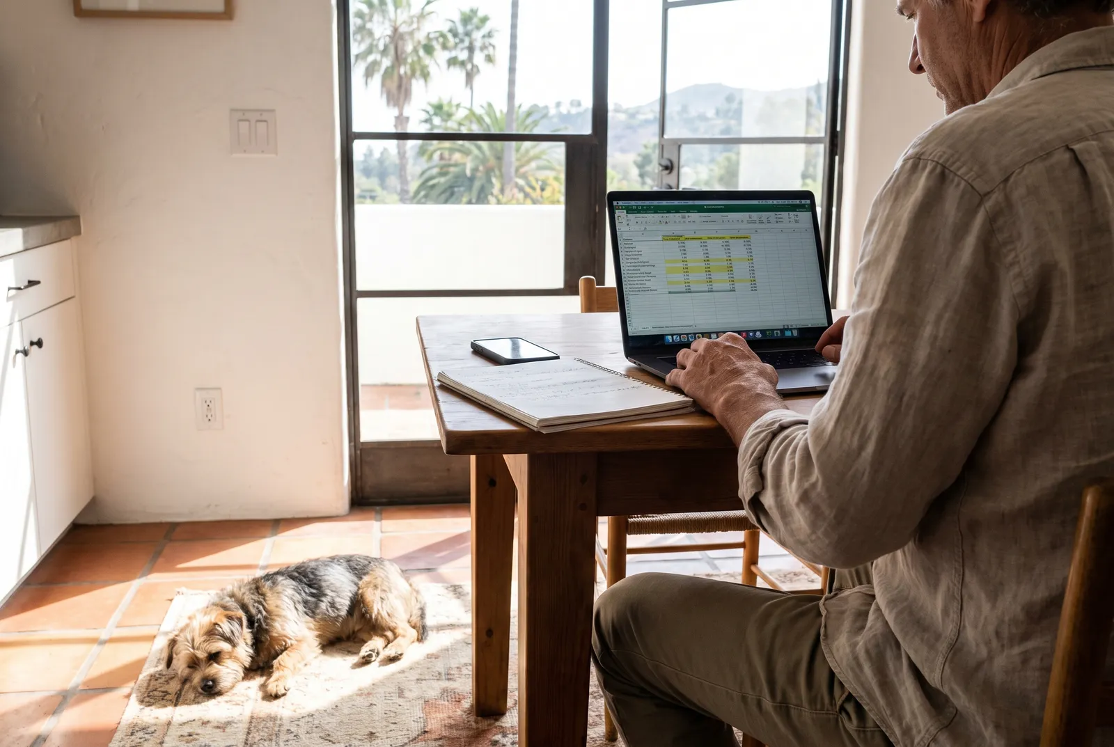 Owner comparing dog care prices on a laptop and notebook at home in Los Angeles