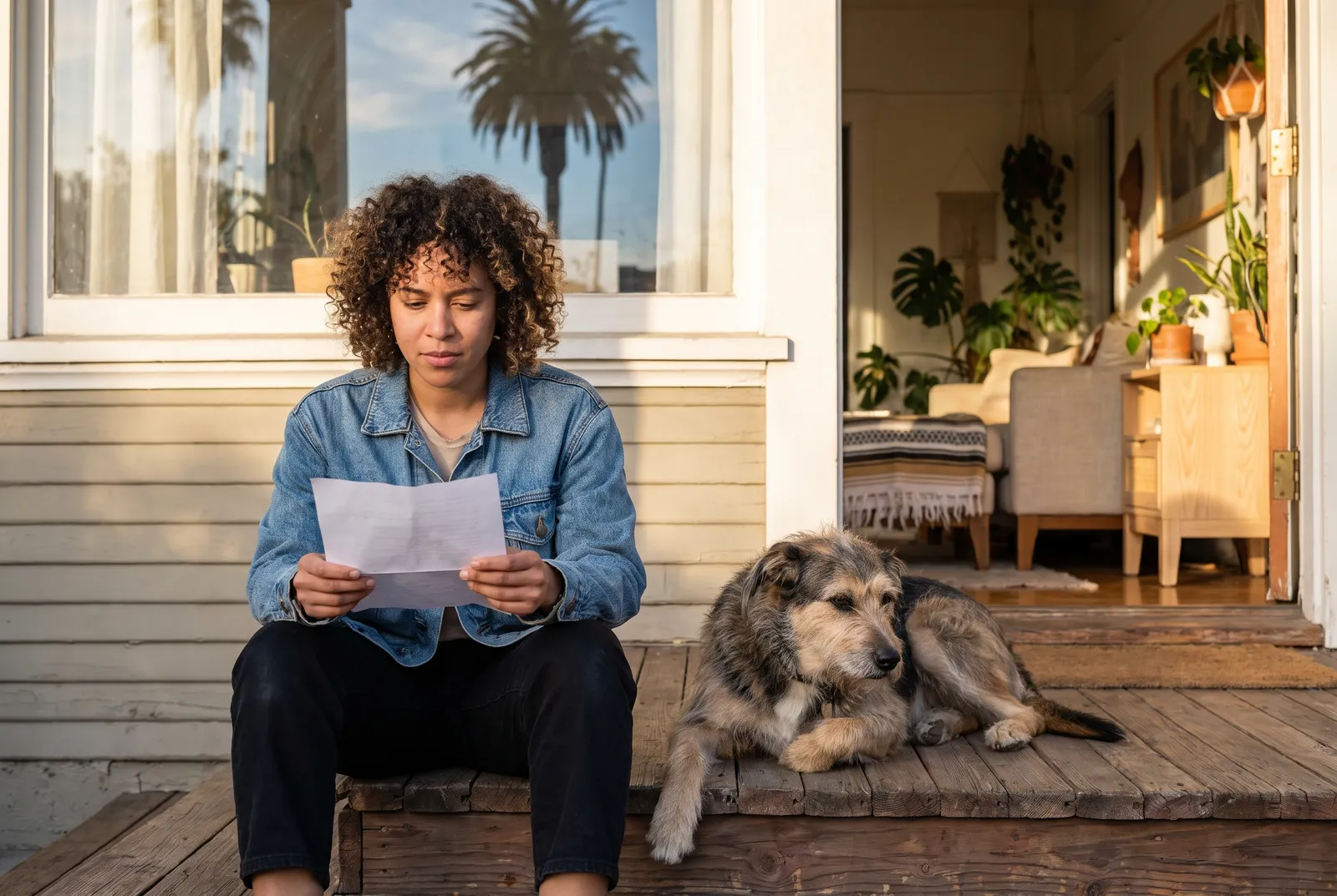 Dog sitter reading written care instructions with a dog resting nearby