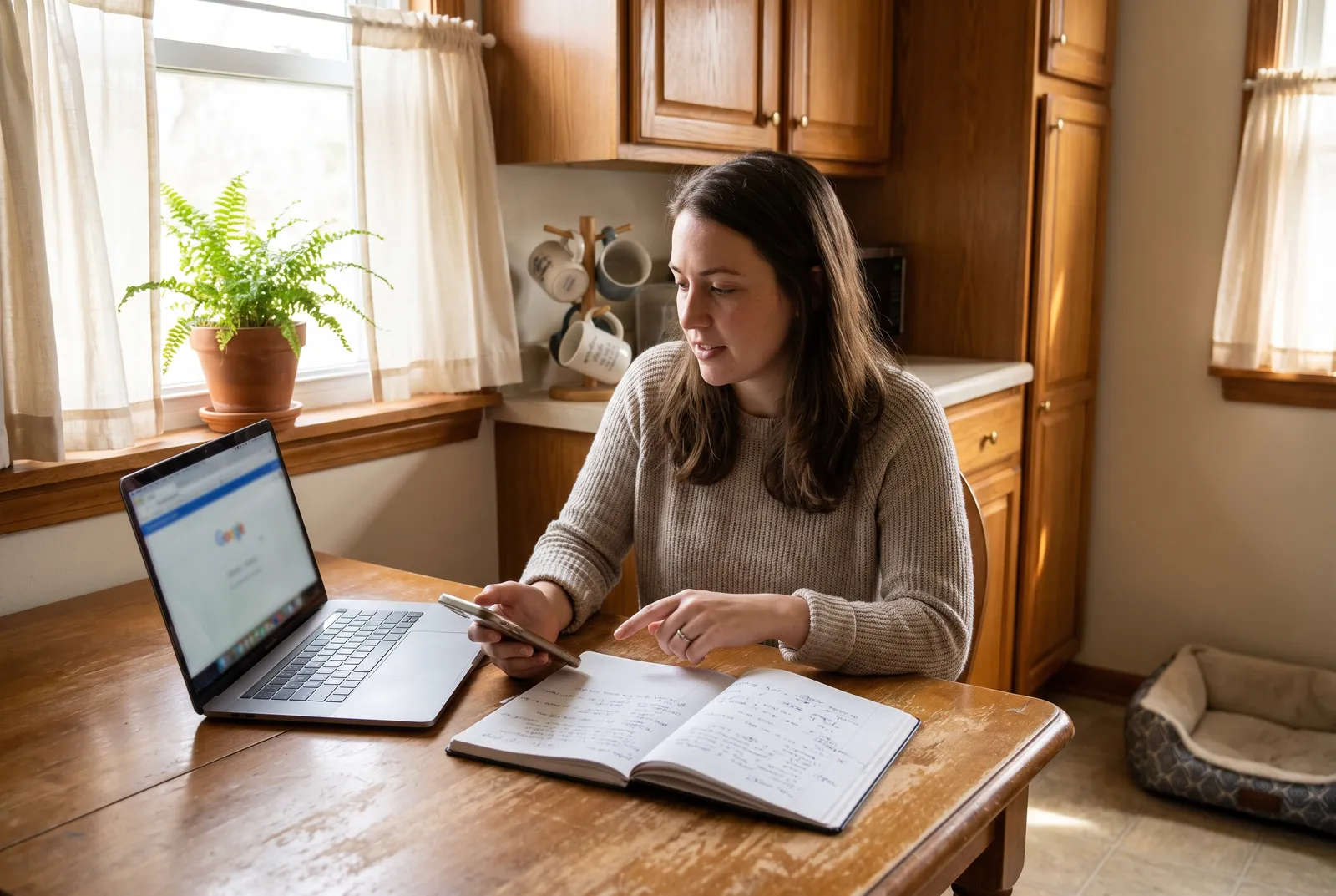 Woman comparing dog care prices on phone and notebook in Nashville kitchen