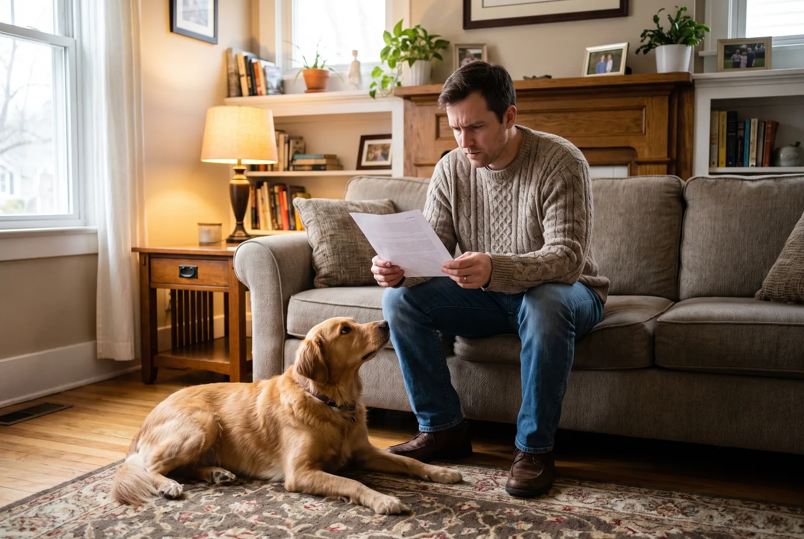 Sitter reading printed care instructions while a dog rests nearby