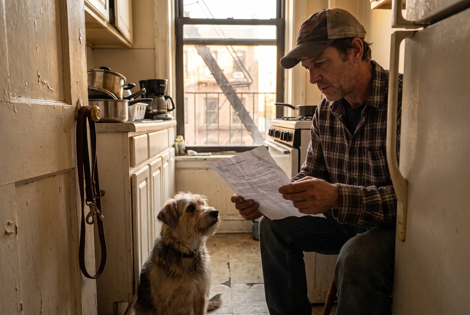 Sitter reading written dog care instructions in New York City kitchen with dog nearby
