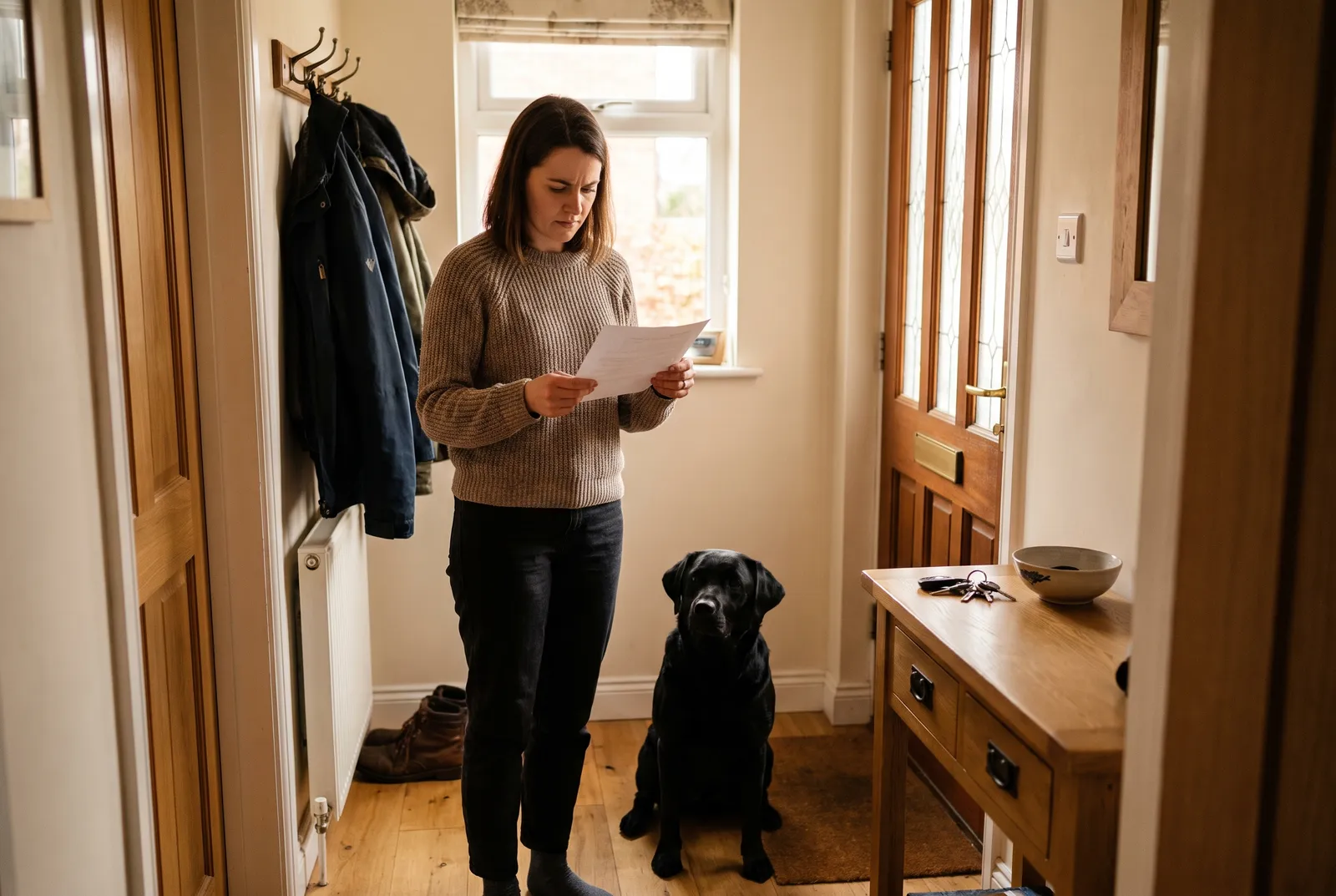 A woman reads a single sheet of paper in a home entryway as a black Labrador sits calmly at her feet.