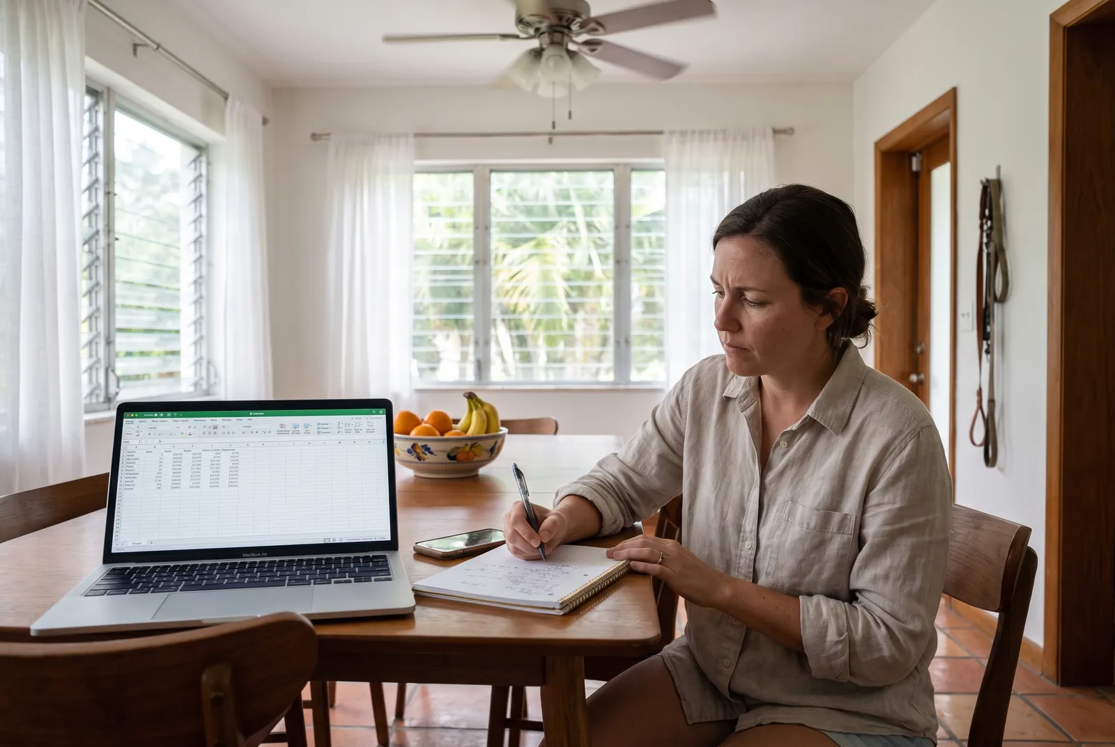 Woman comparing dog sitter prices on a laptop and notebook at a Florida home dining table