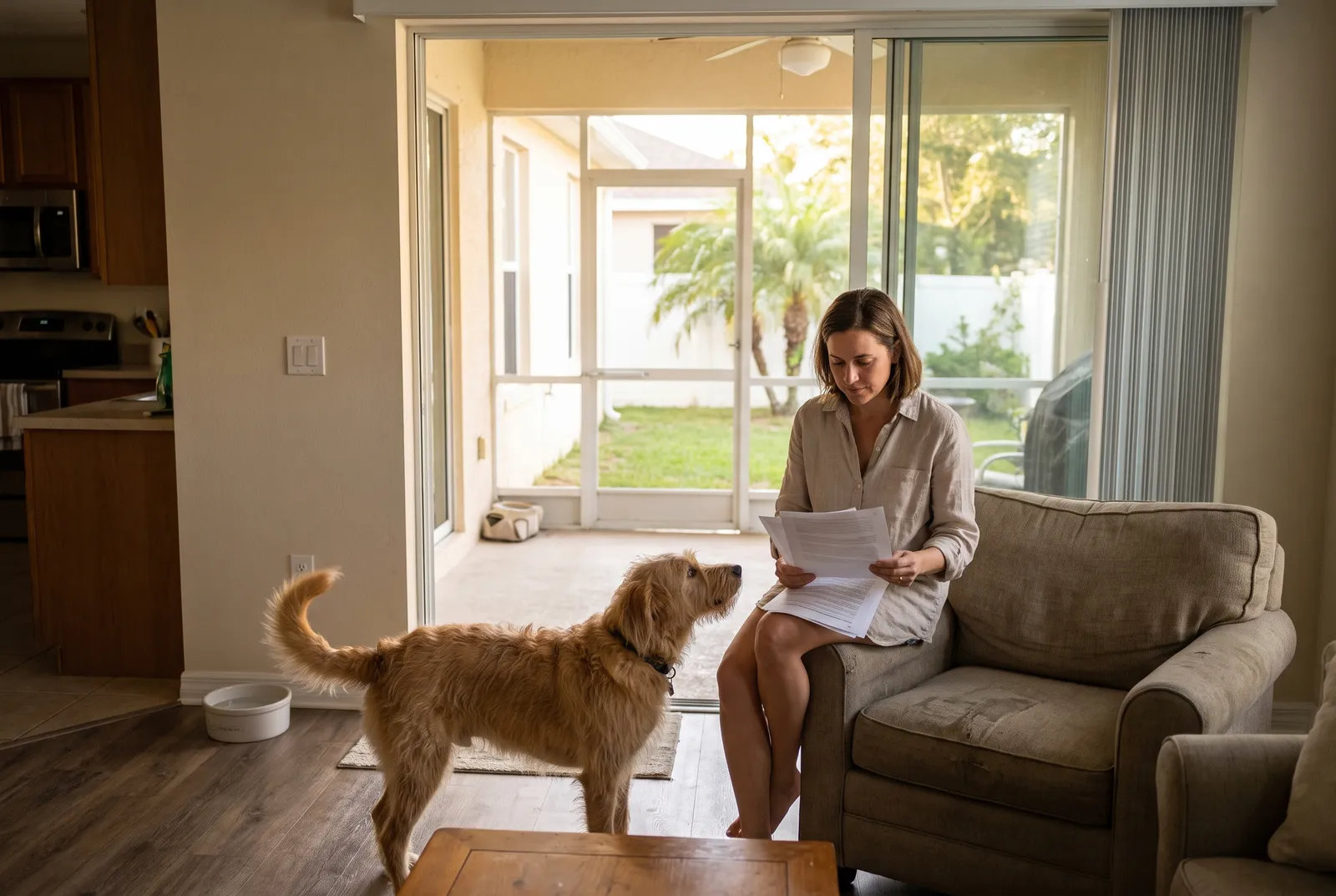 Sitter reading a written care sheet while a dog waits nearby at home