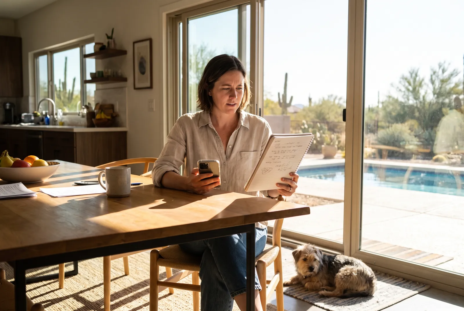Woman comparing dog care prices on phone and notebook at Phoenix kitchen table