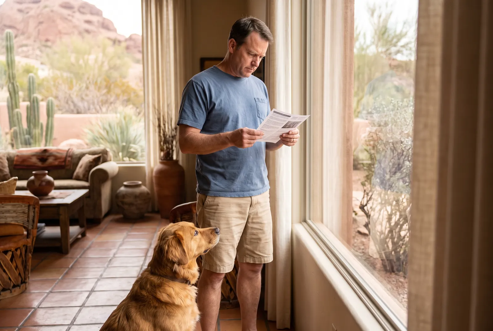 Sitter reading written care instructions beside calm dog in Phoenix living room