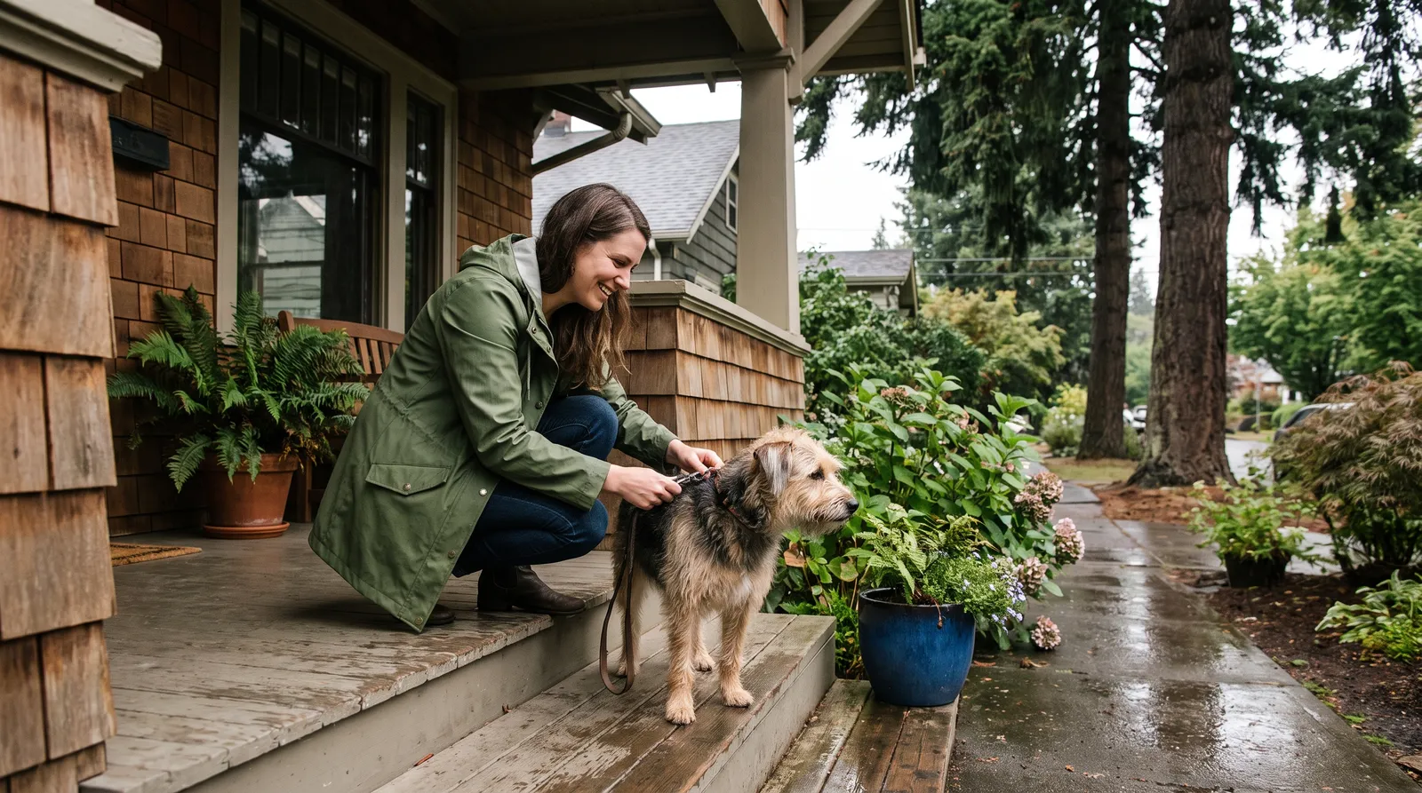 Dog sitter greets a dog in Portland Dog sitter Portland crouching on a craftsman porch leashing a dog in overcast light