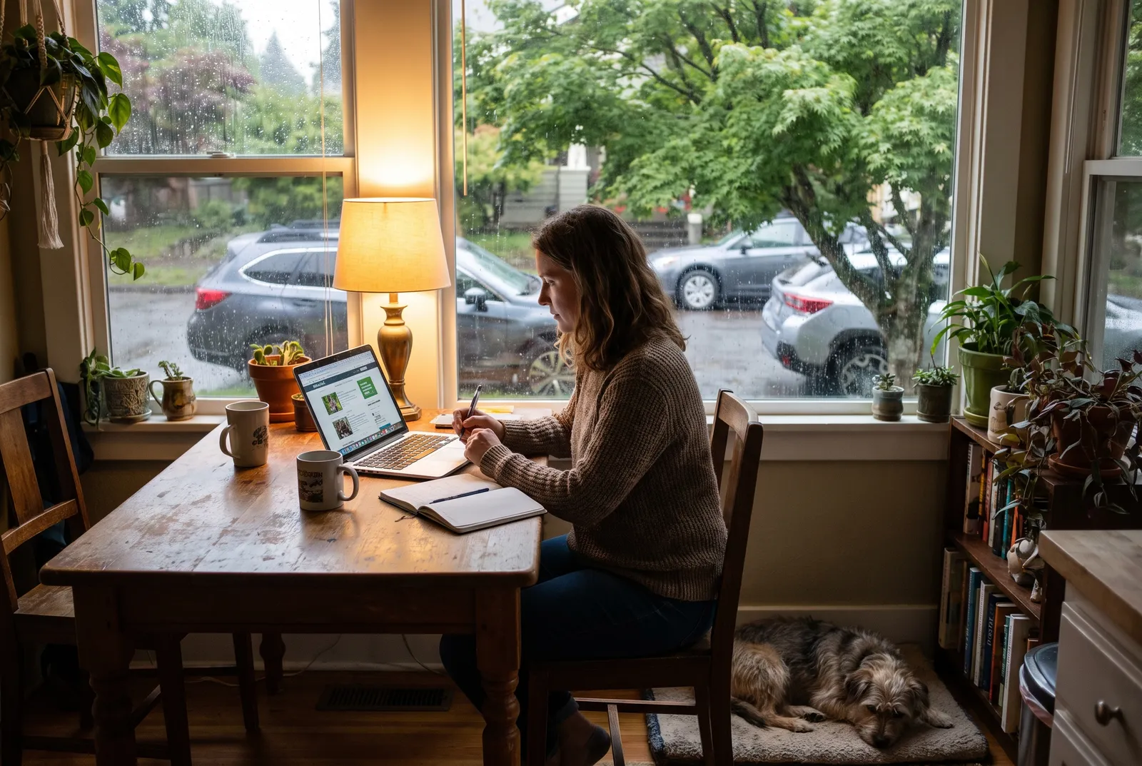 Comparing dog care rates at home Woman at kitchen table comparing dog care prices on a laptop with a dog nearby