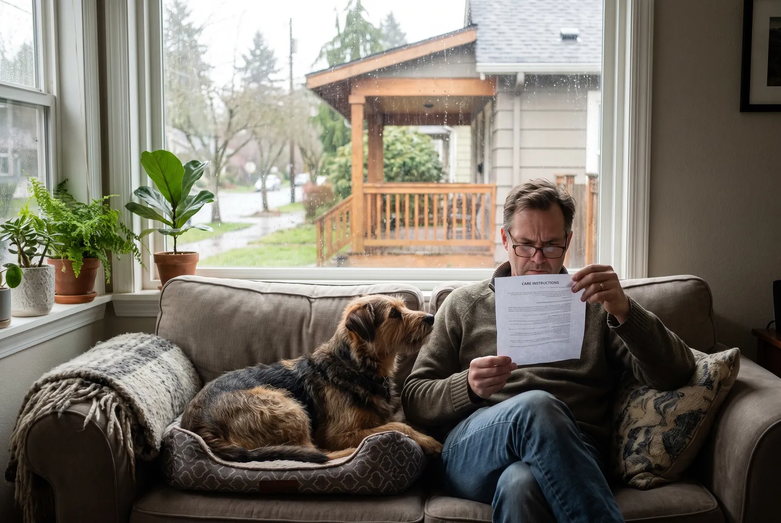 Reading the dog's care instructions Sitter reading written care instructions on a couch with a dog resting nearby