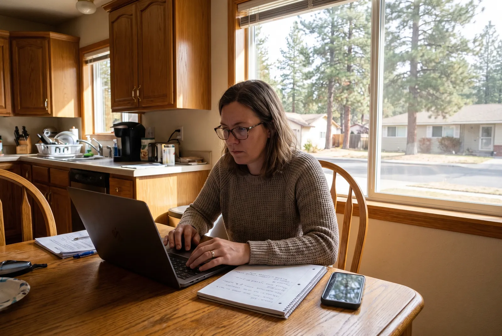 Woman comparing dog care prices on laptop and notebook at a Raleigh kitchen table