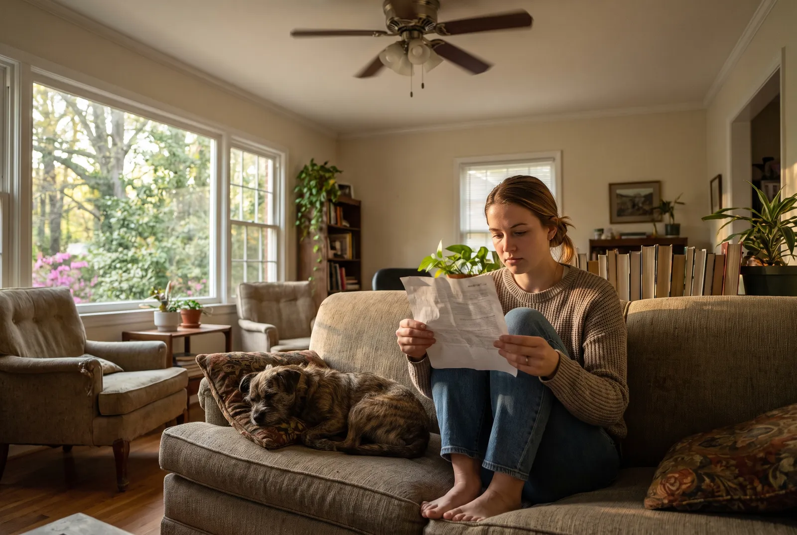 Sitter reading a printed care sheet on a couch with a calm dog beside her
