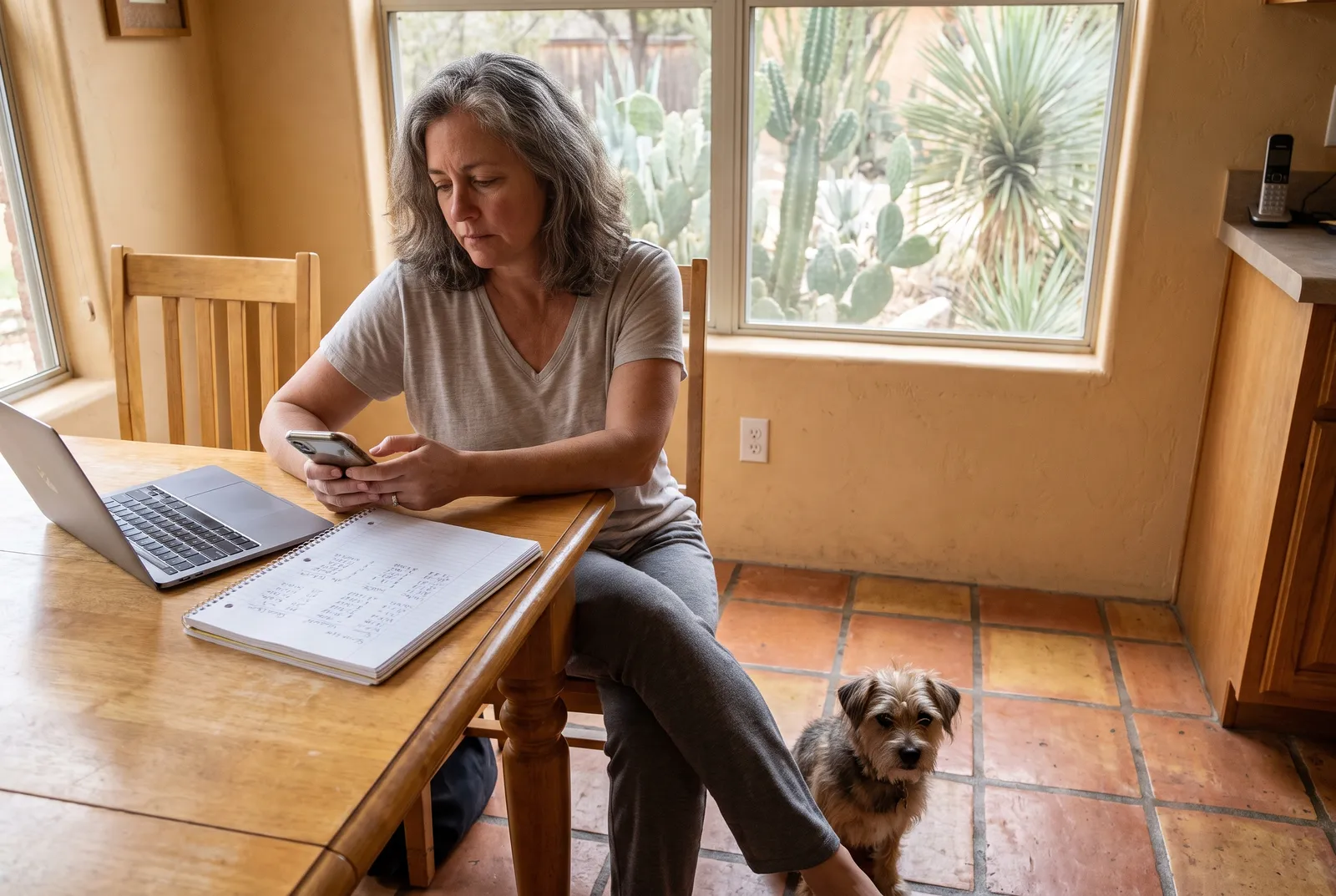 Woman comparing dog boarding prices on phone and notebook at San Antonio kitchen table