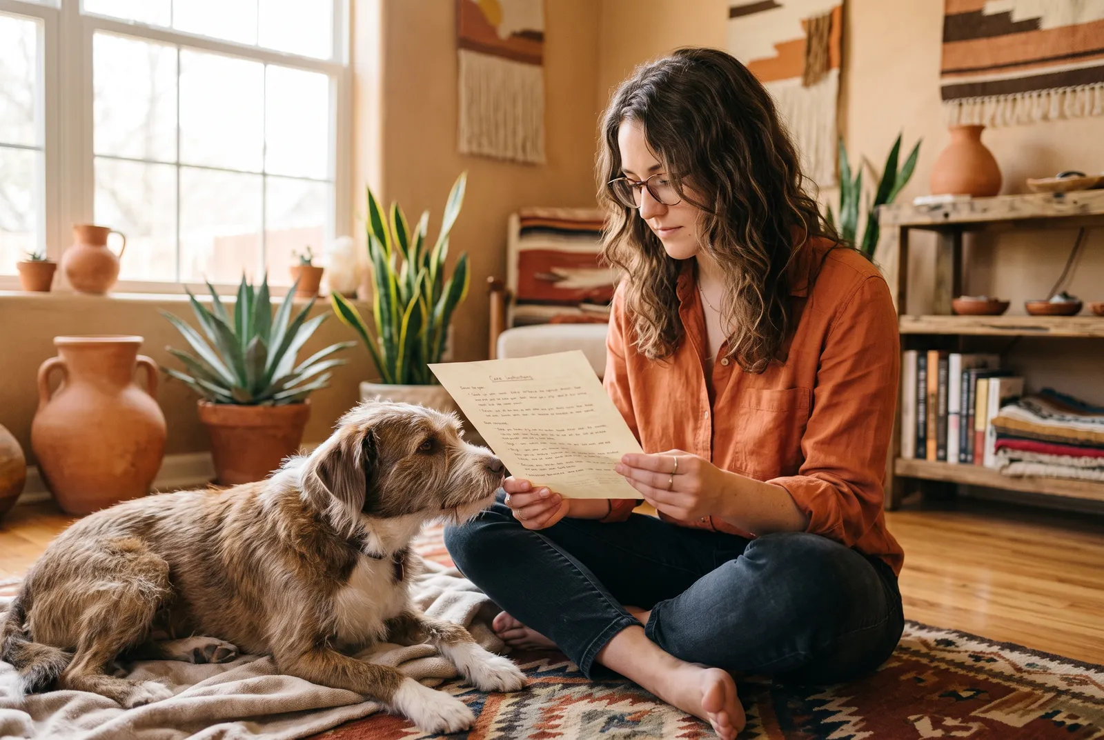 Sitter reading printed care instructions with calm dog resting beside her