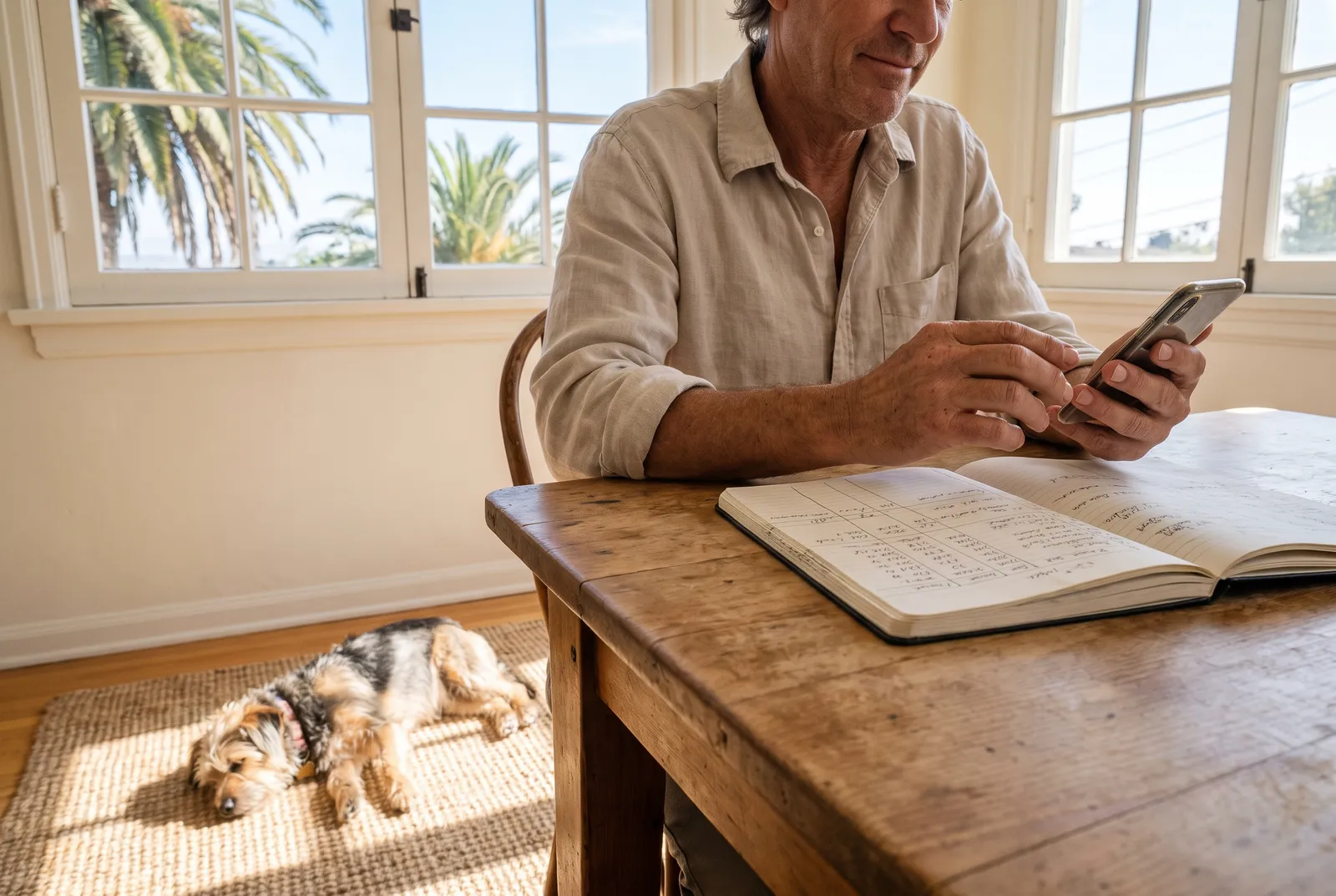 Comparing dog care prices at home Owner checking phone and notebook to compare dog care prices at home