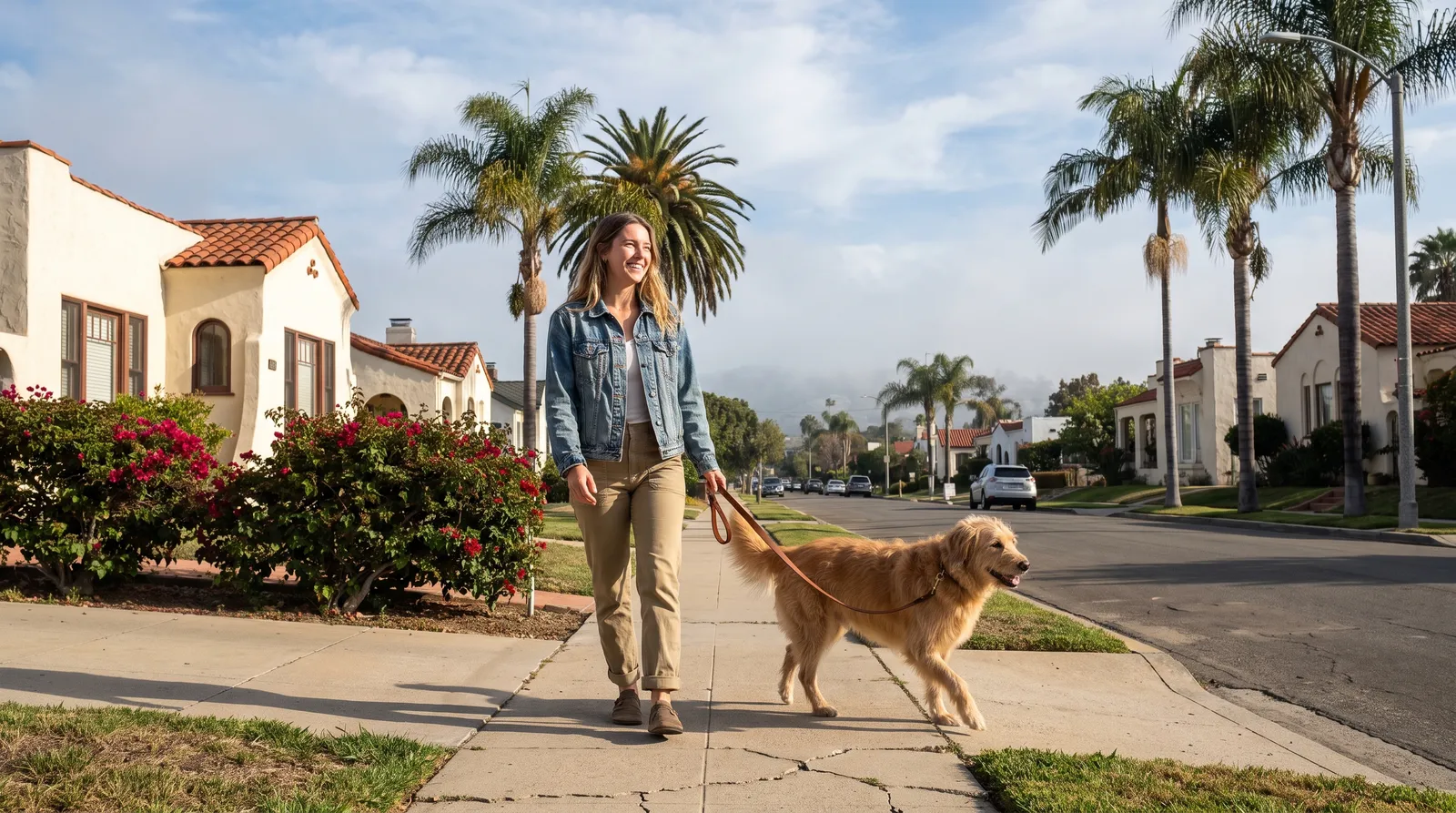 A San Diego dog sitter on a neighborhood walk Dog sitter San Diego walking a dog past stucco bungalows and palm trees