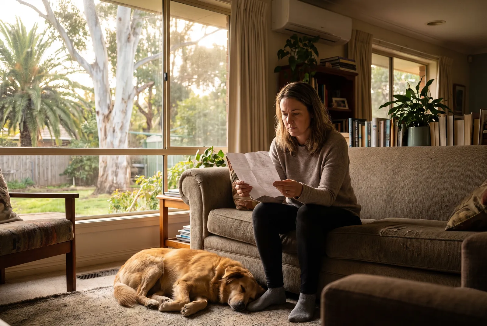 Reading the care instructions before a stay Sitter reading written dog care instructions with a dog resting nearby