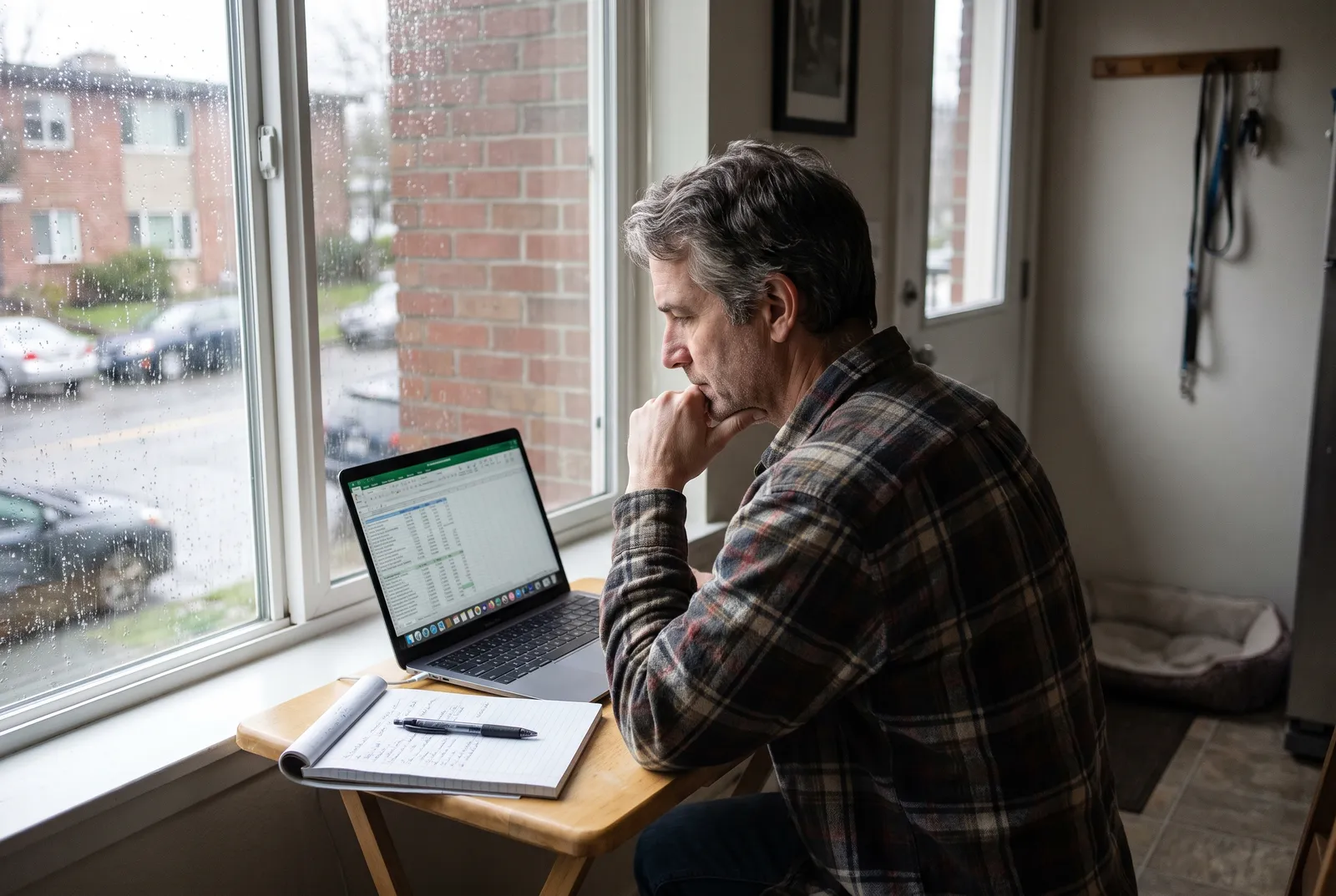 Man at kitchen table comparing dog care prices on laptop with notebook, Seattle window light