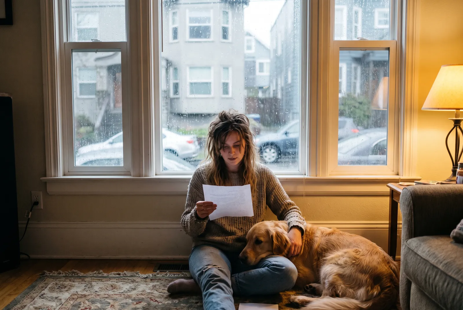 Sitter reading printed care instructions beside a calm dog near a rainy Seattle window