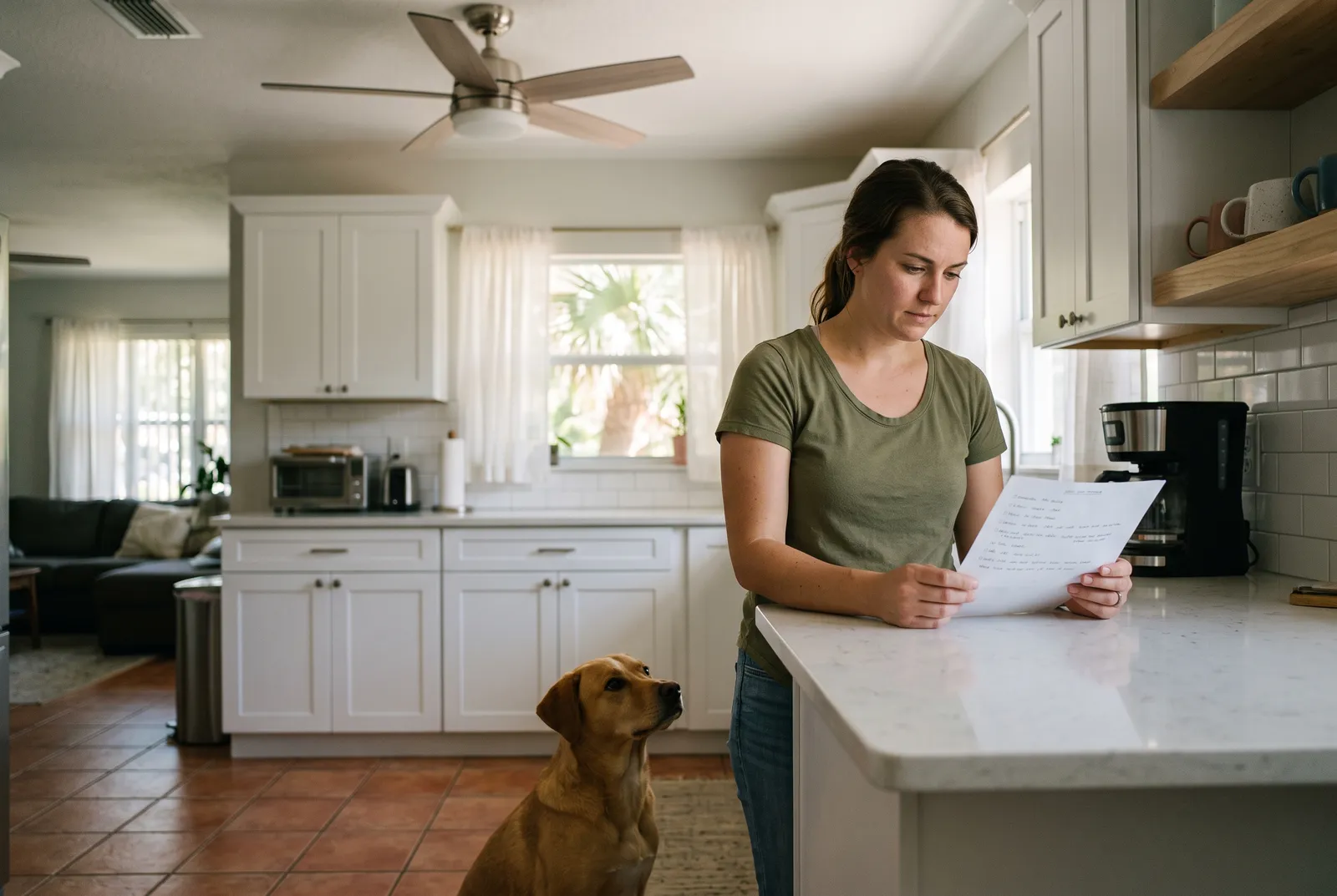 Sitter reading printed care instructions in a Tampa kitchen with a dog nearby