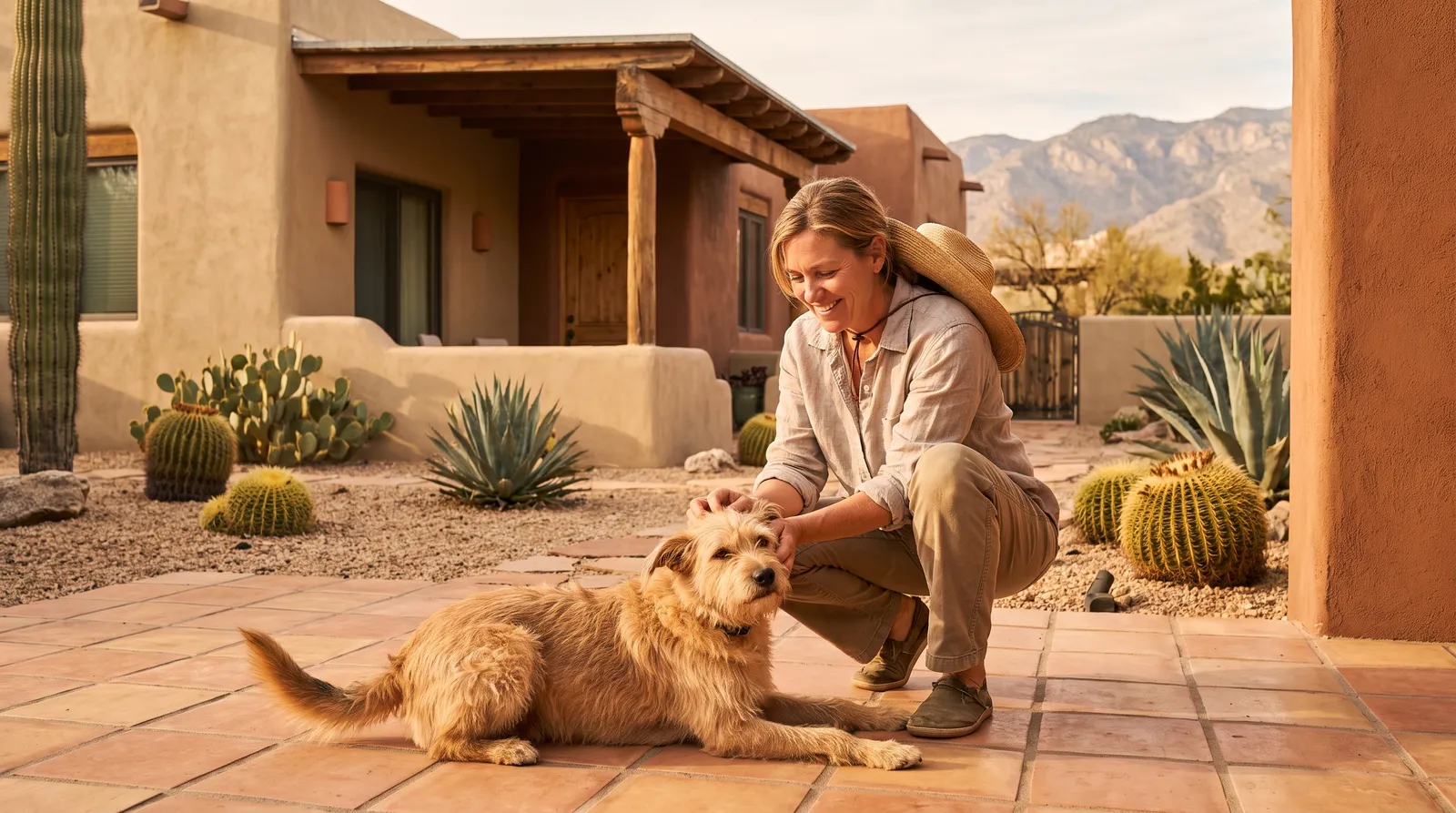 A Tucson Sitter and Dog at Home Dog sitter Tucson crouching with dog on adobe home patio near saguaro cactus