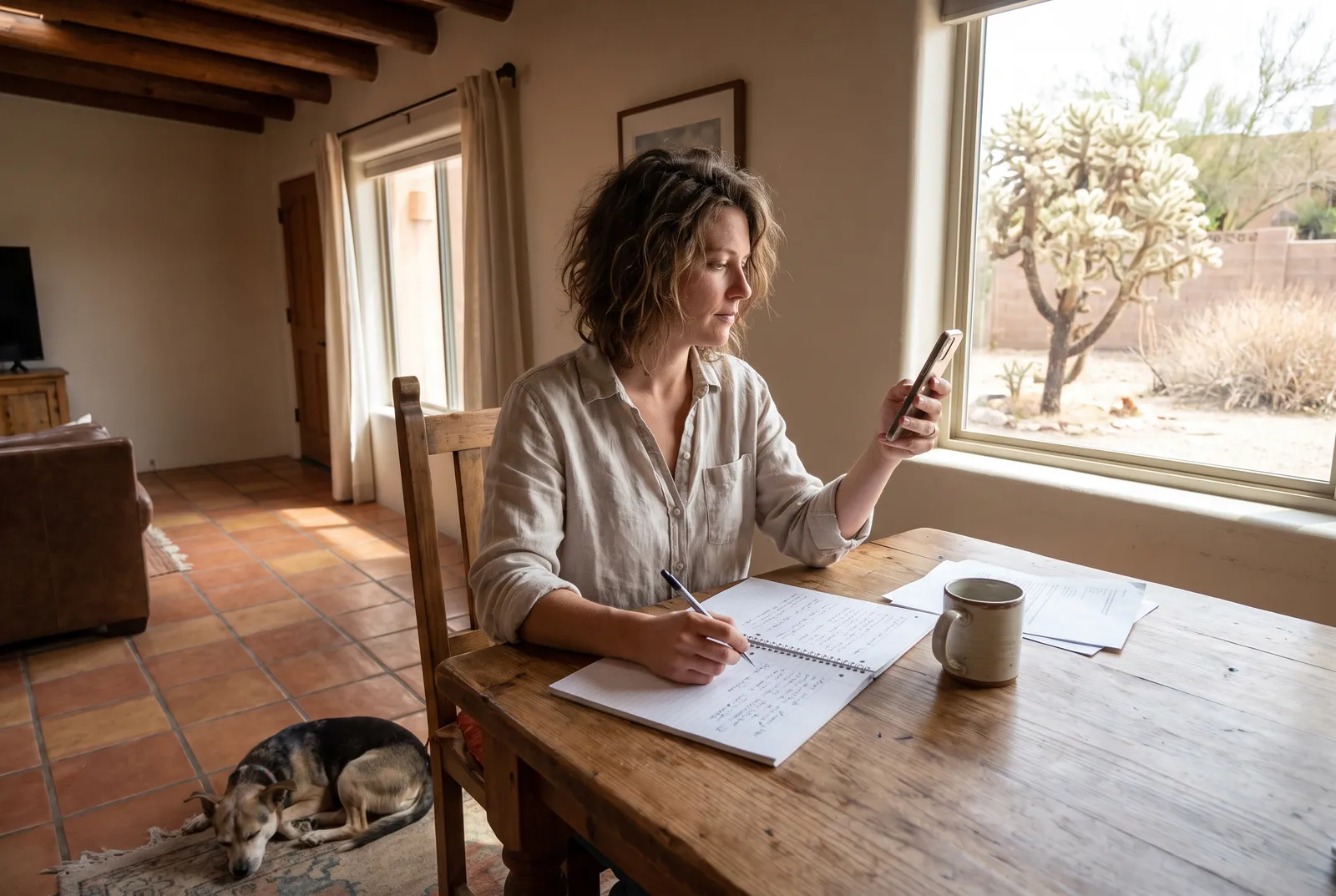 Weighing Options Before Booking Woman comparing dog sitter prices on phone and notebook in Tucson kitchen