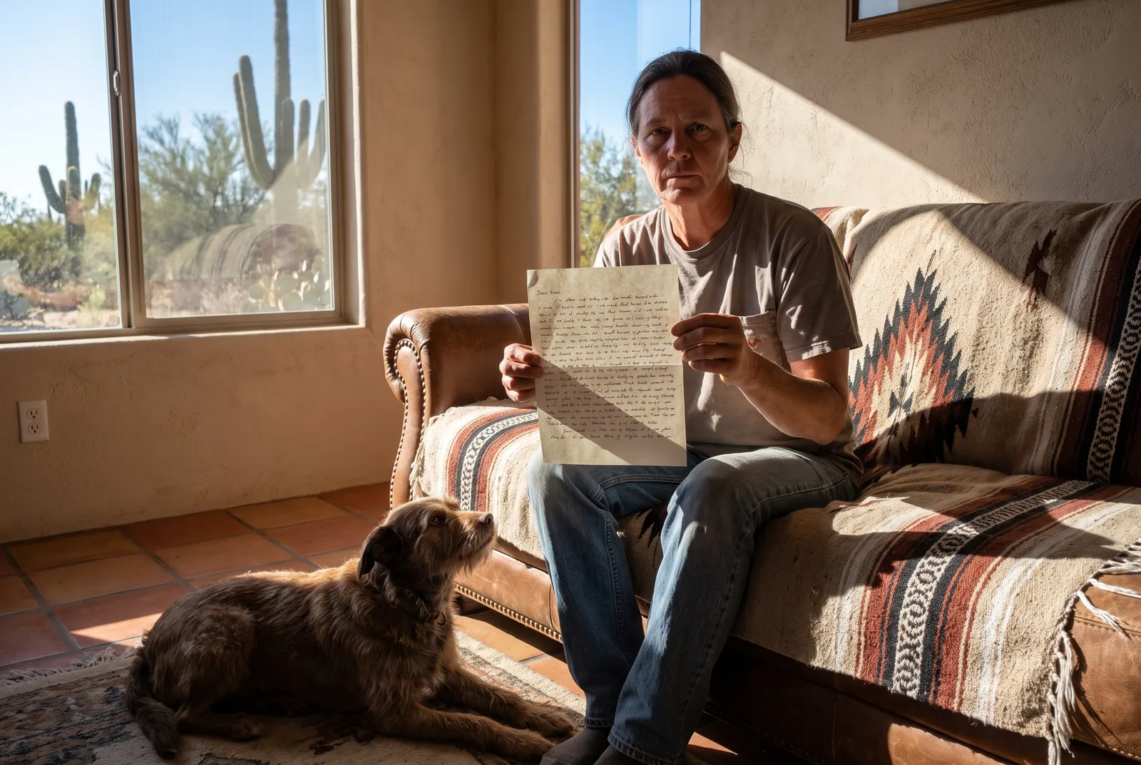 Reading the Instructions Carefully Sitter reading written care instructions on couch with calm dog beside them
